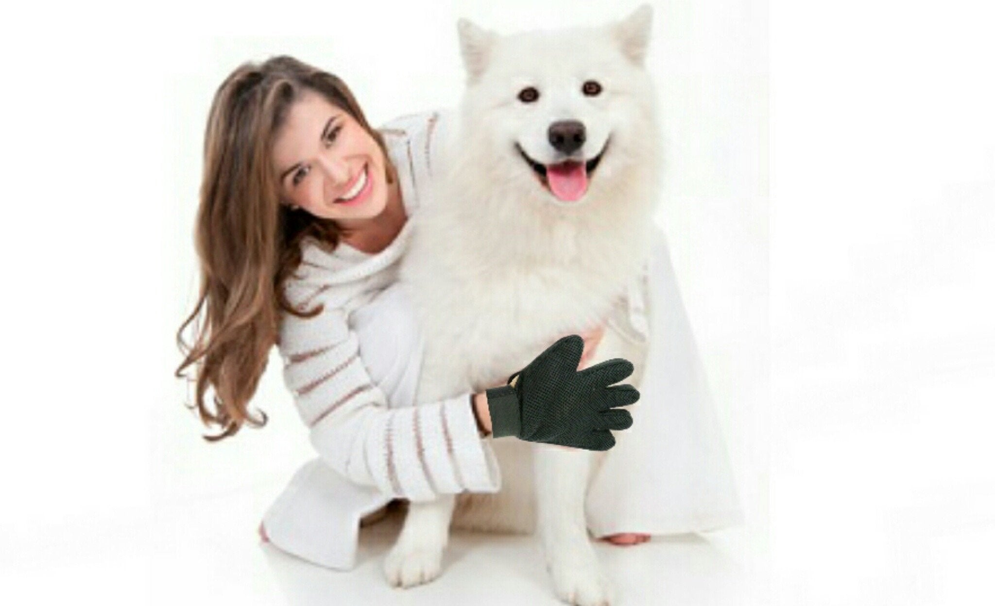 Woman with a white dog on a white background