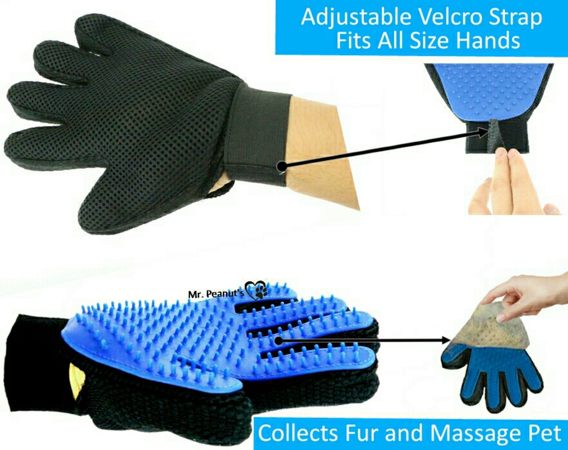 Pet grooming glove with adjustable velcro strap and massage pad, suitable for all sizes.