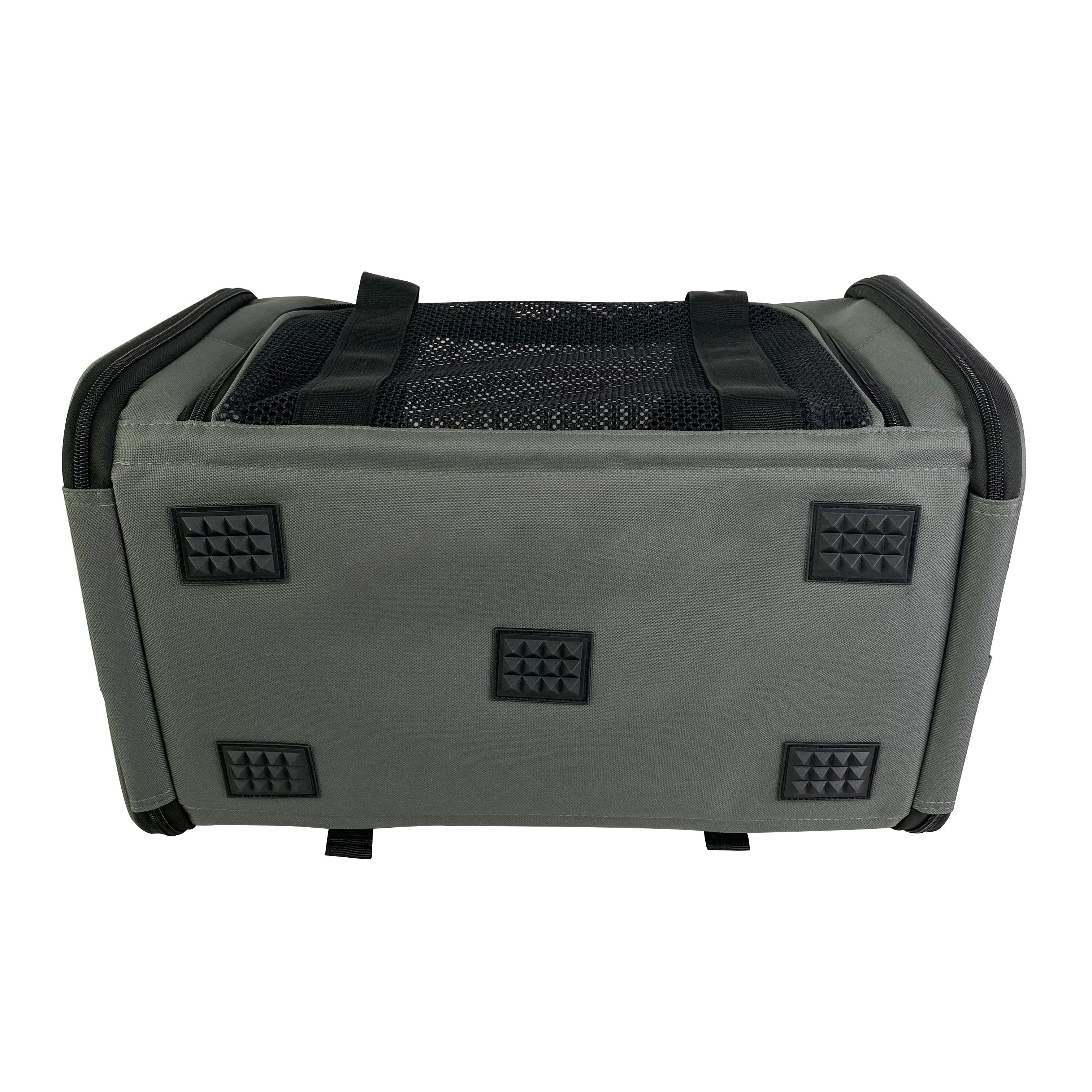 Gray pet carrier with black mesh top on a white background