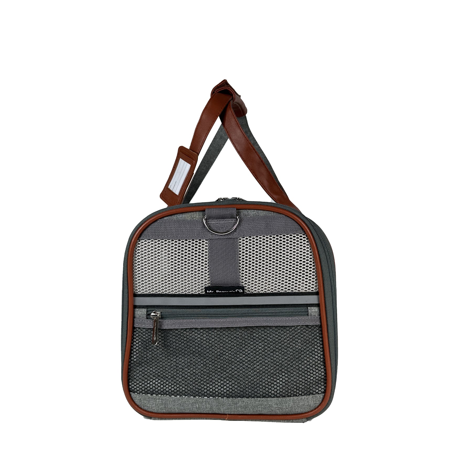 Gray pet carrier with brown leather straps on a white background
