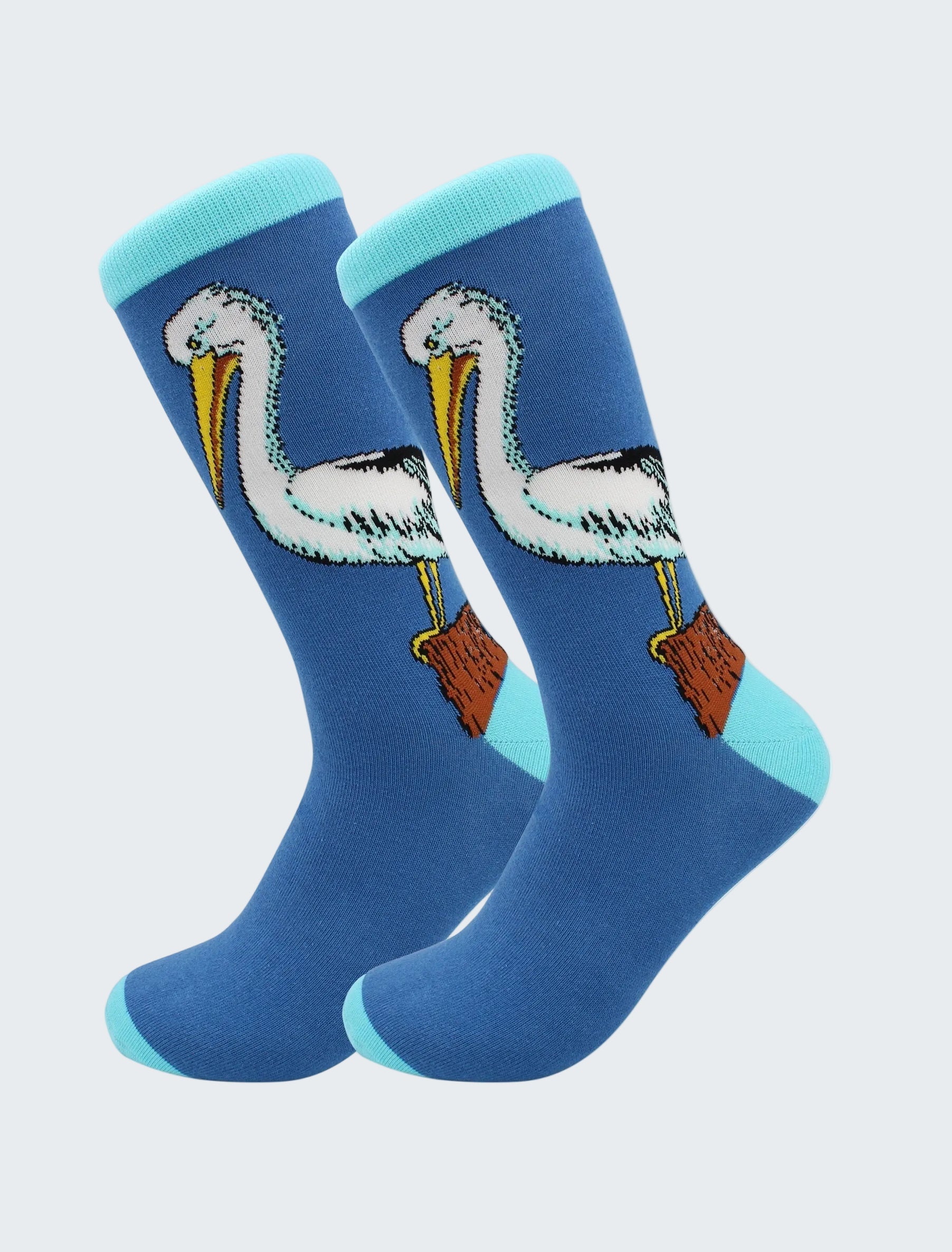 Blue socks with pelican design on a white background