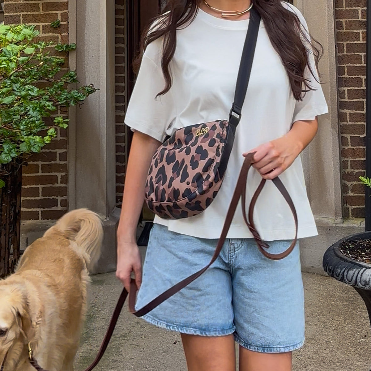 Person holding a leopard print bag with a dog in the background