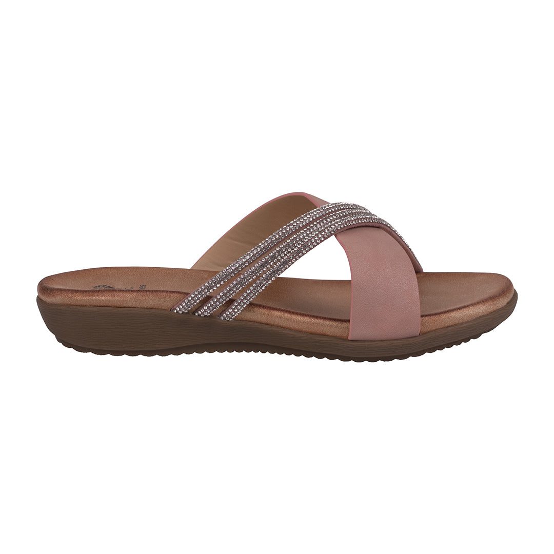 Pink sandal with brown sole on a white background