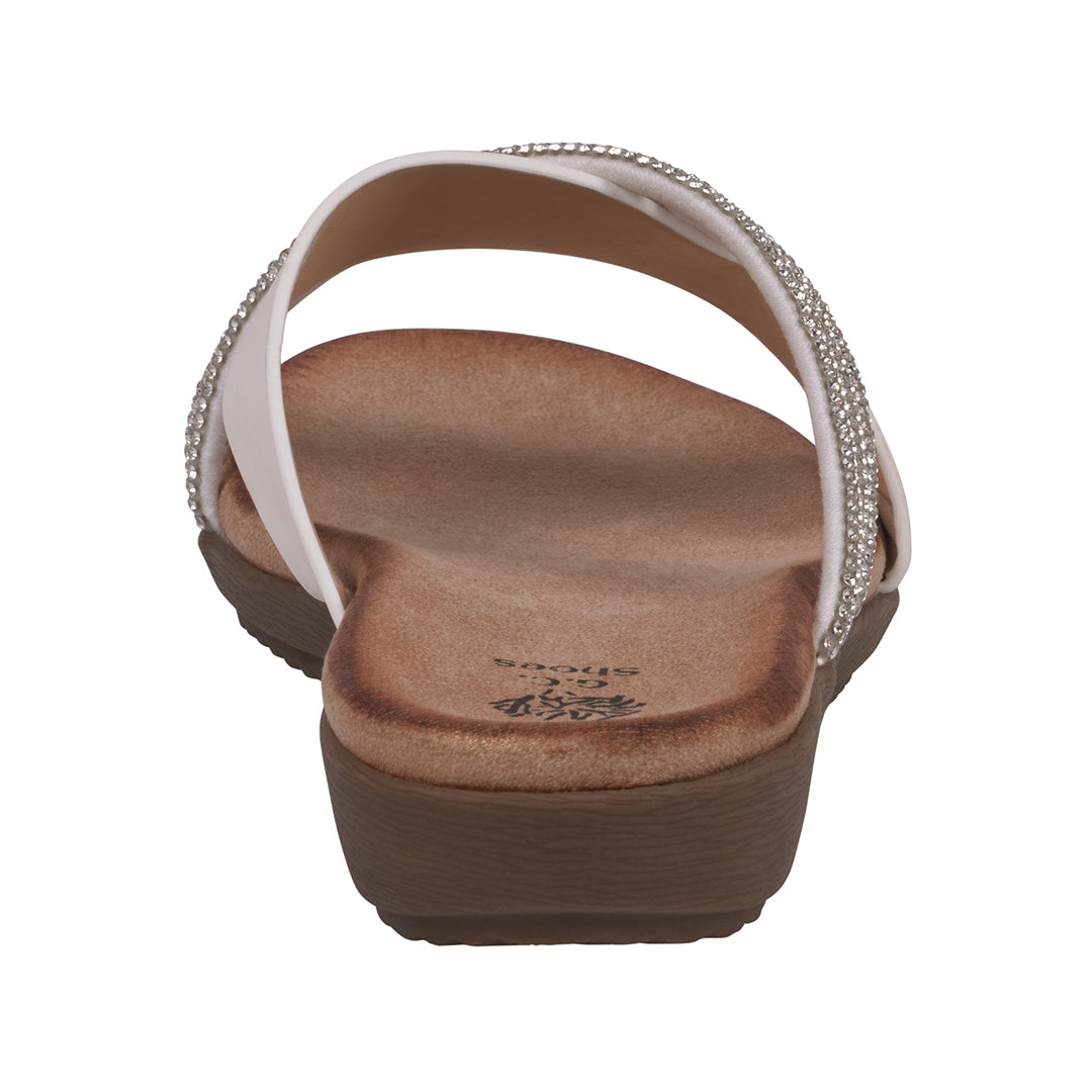 Brown sandal with white strap on a white background