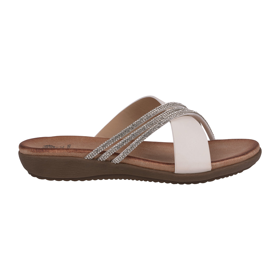 Brown sandal with white sole and decorative straps on a white background