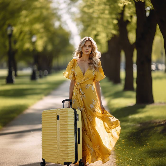 Woman in a yellow dress holding a yellow suitcase on a tree-lined path