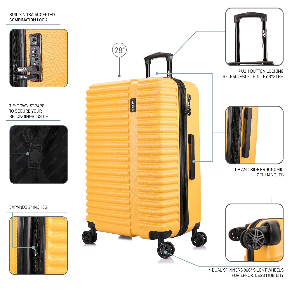 Yellow suitcase with features highlighted on a white background