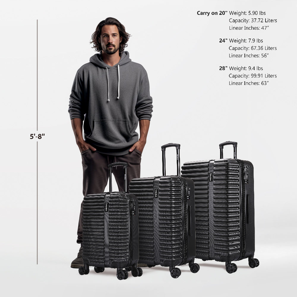 Man standing next to three black suitcases with size and weight information displayed.