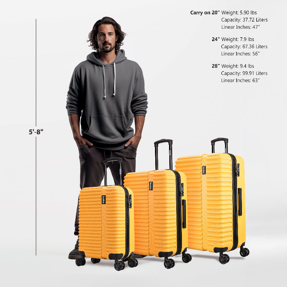 Man standing next to three yellow suitcases with size and weight information displayed.