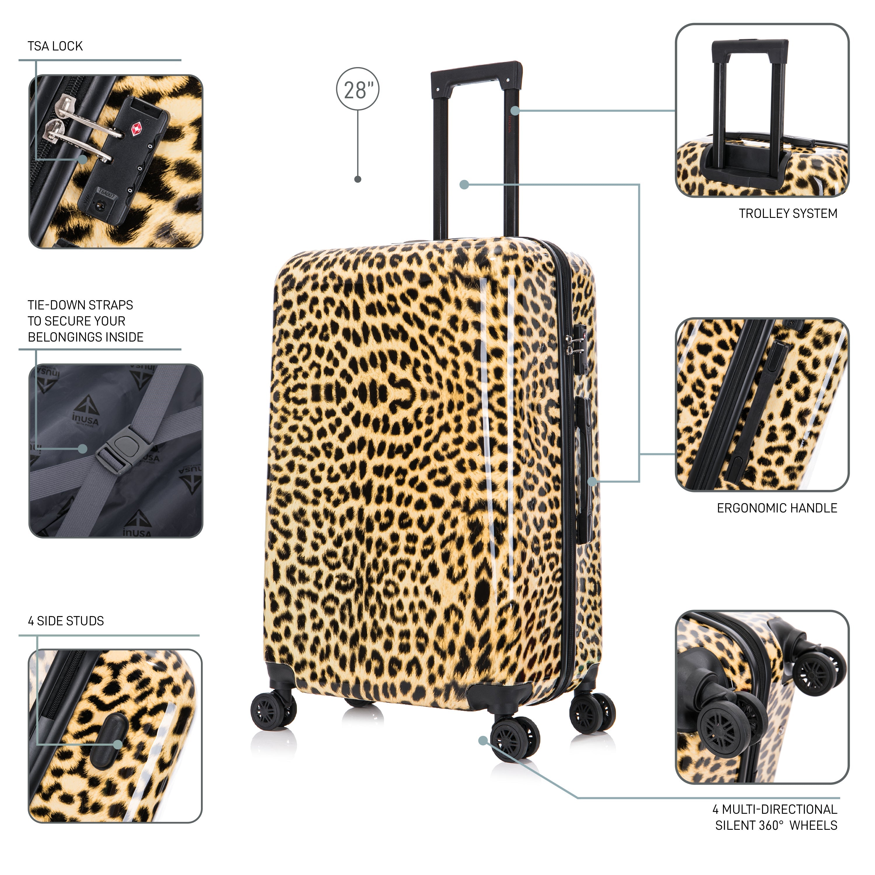 Leopard print suitcase with various features highlighted on a white background