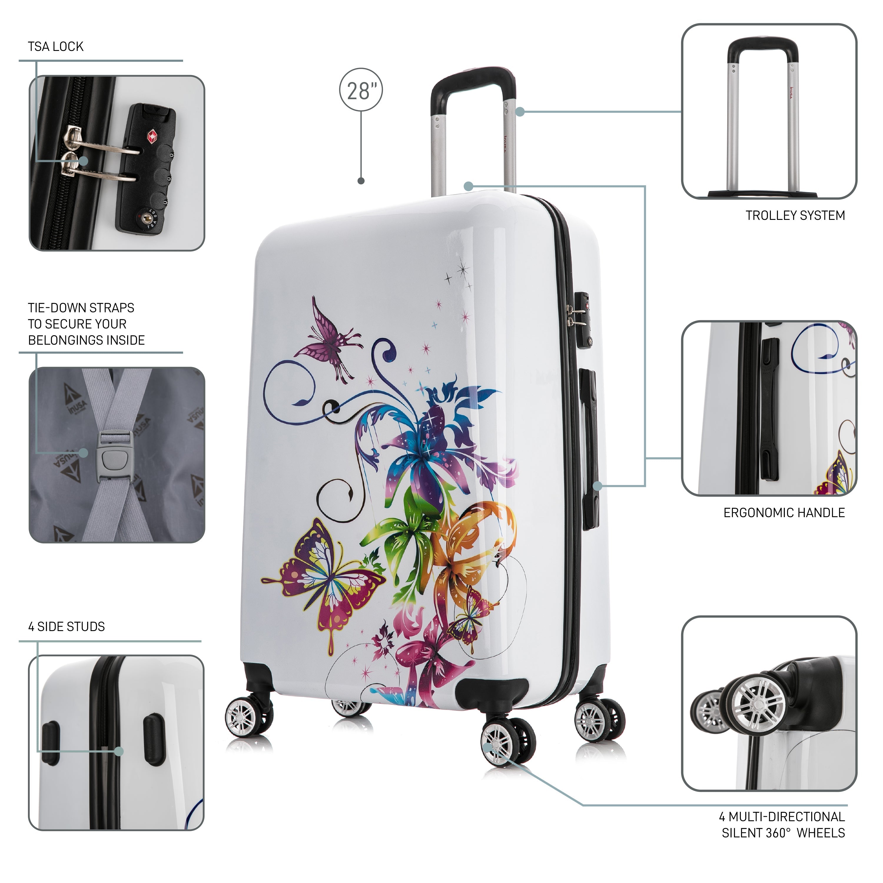 White suitcase with butterfly design, featuring multiple angles and features on a white background.