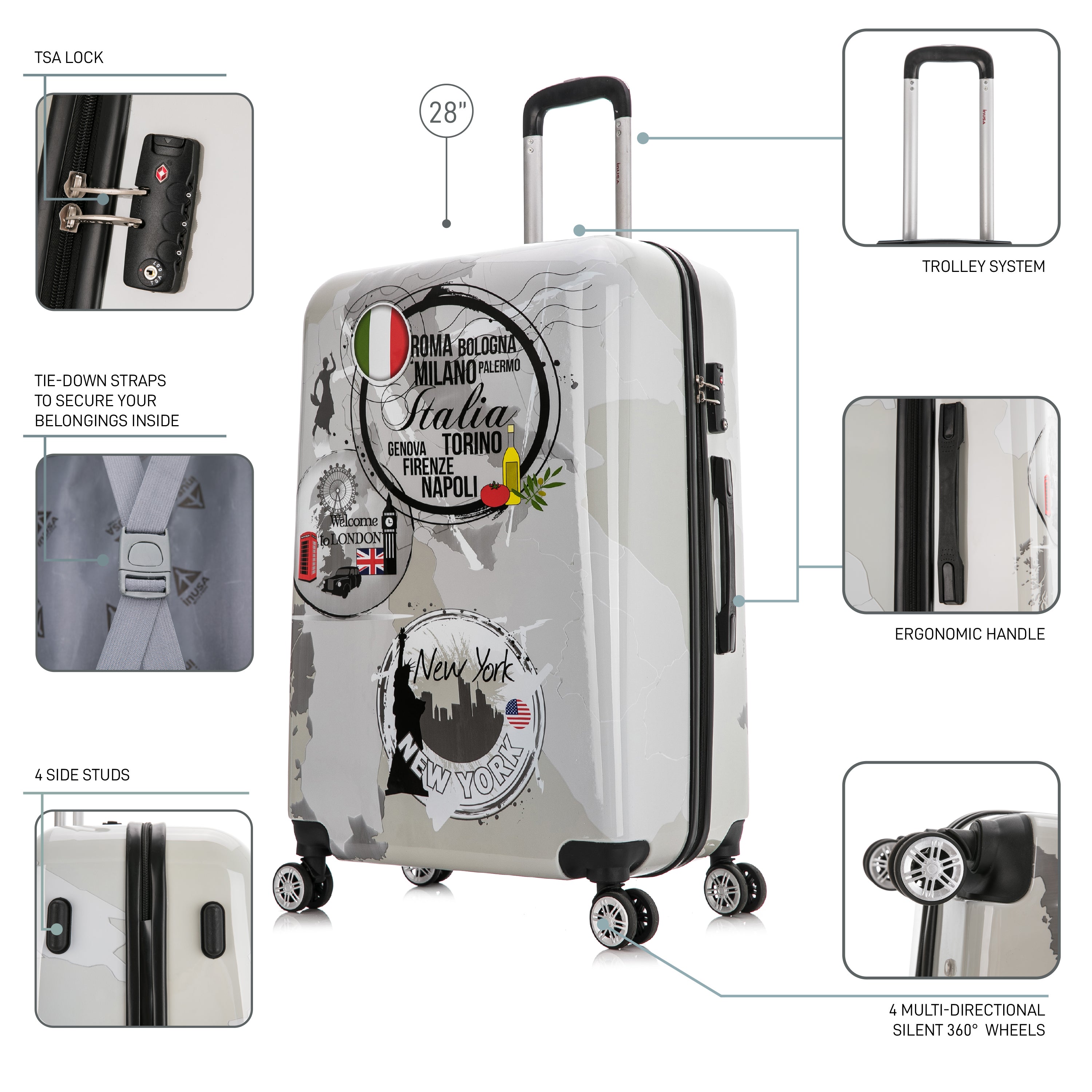 Luggage with various features highlighted on a white background