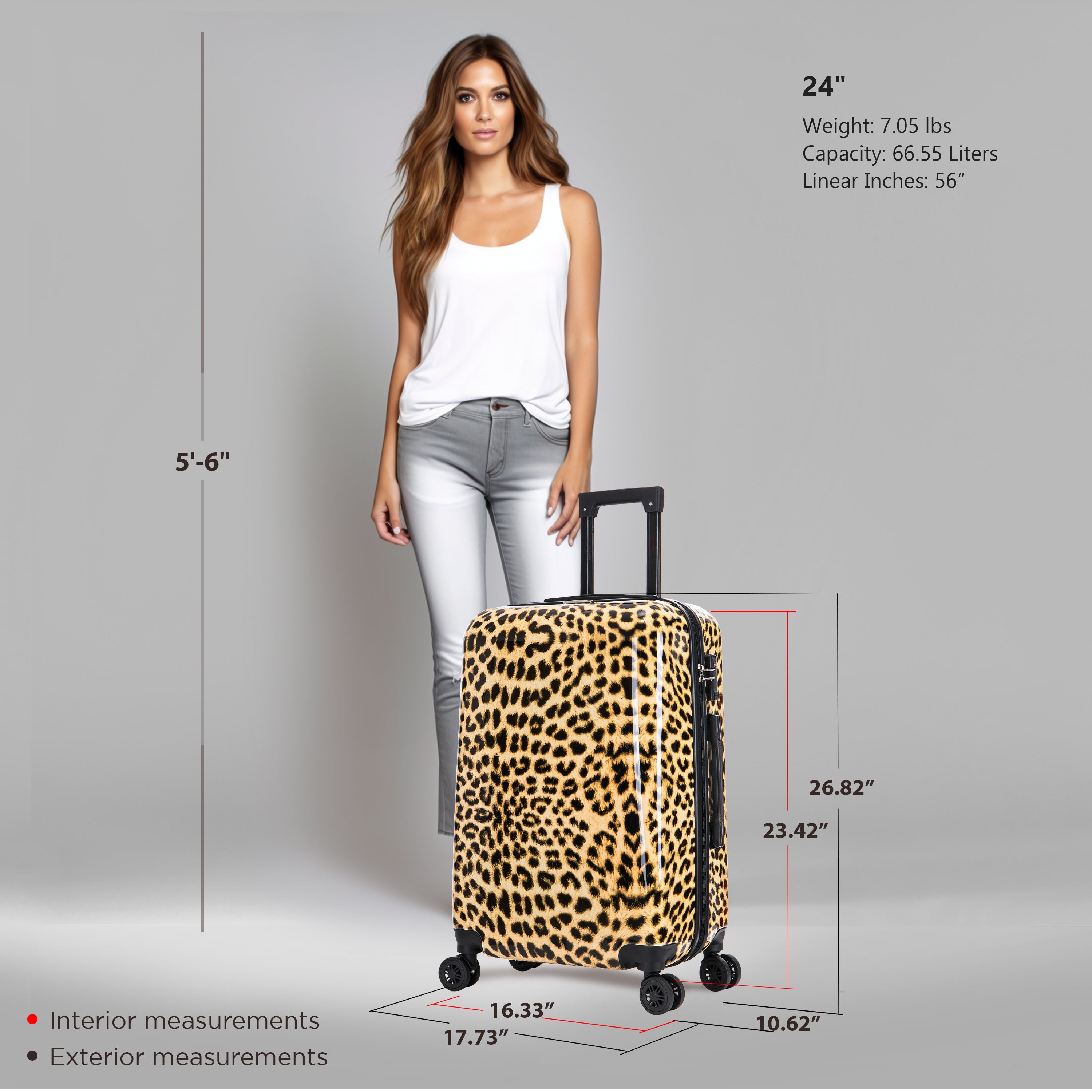 Woman standing next to a leopard print suitcase with measurements displayed