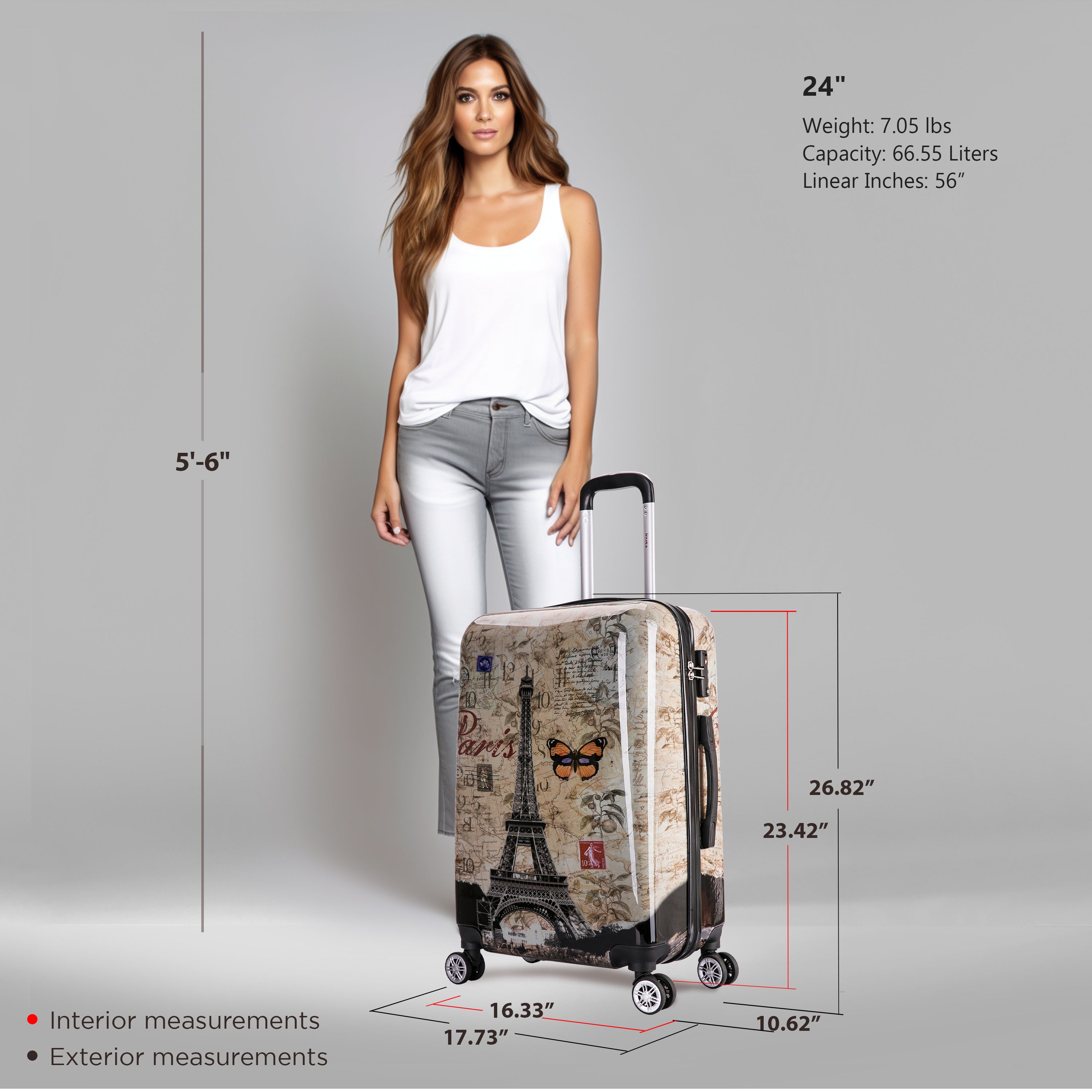 Woman holding a patterned suitcase with measurements displayed