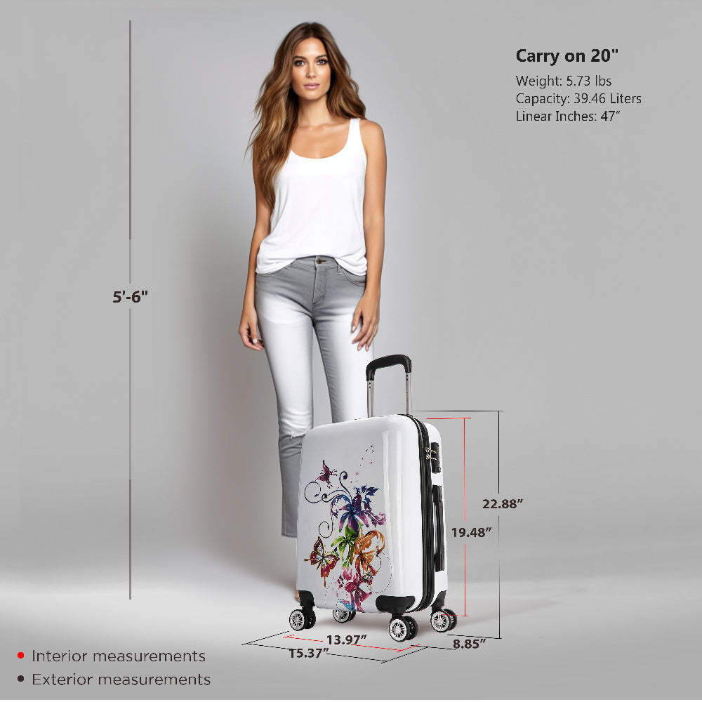 Woman holding a floral-patterned suitcase with measurements displayed