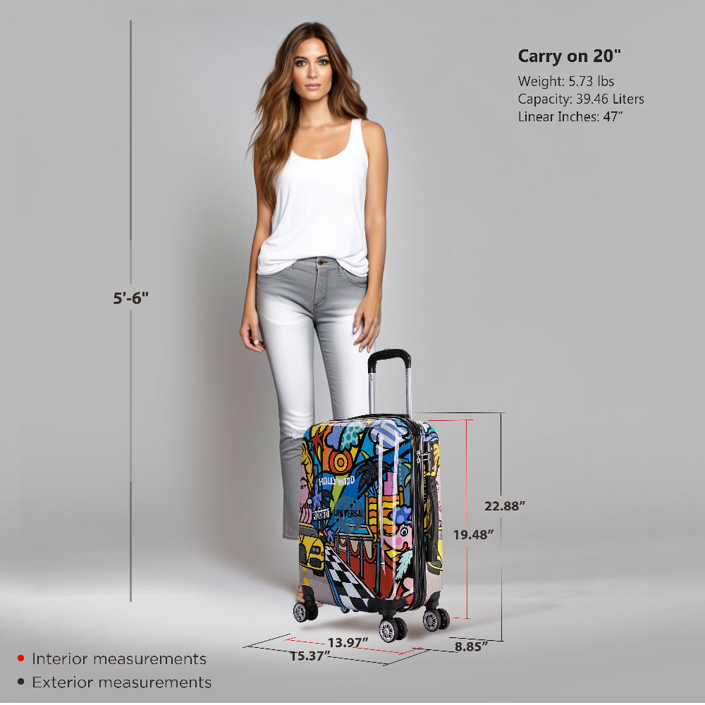 Woman holding a colorful suitcase with measurements displayed