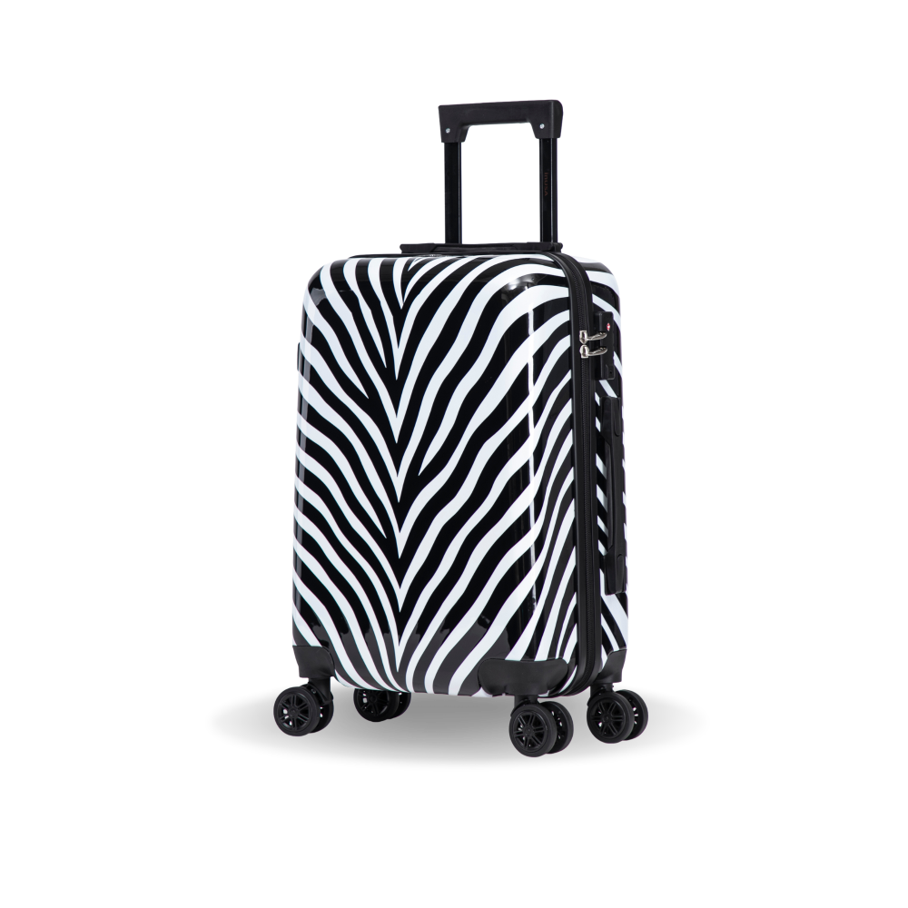 A hard-shell spinner suitcase with a bold black and white zebra stripe pattern, featuring an extended black telescoping handle and four multi-directional wheels, shown on a plain white background.