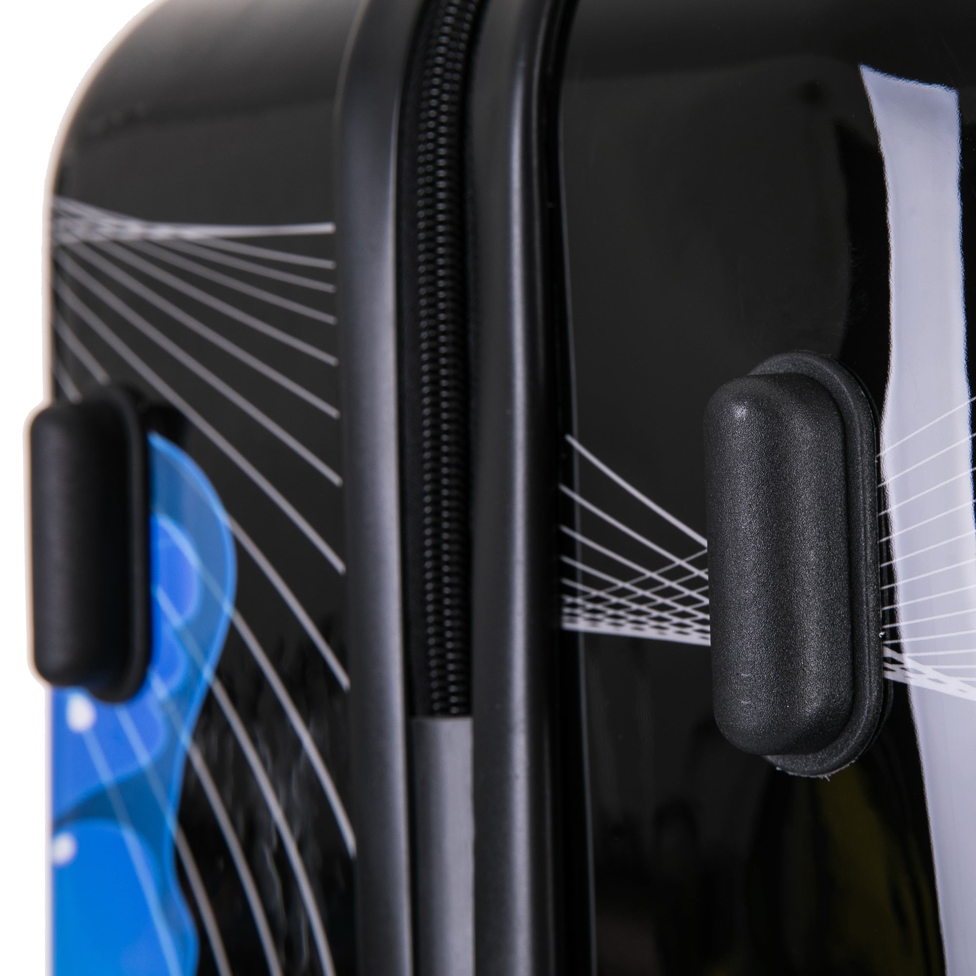 Close-up of a black suitcase with blue accents and geometric patterns.