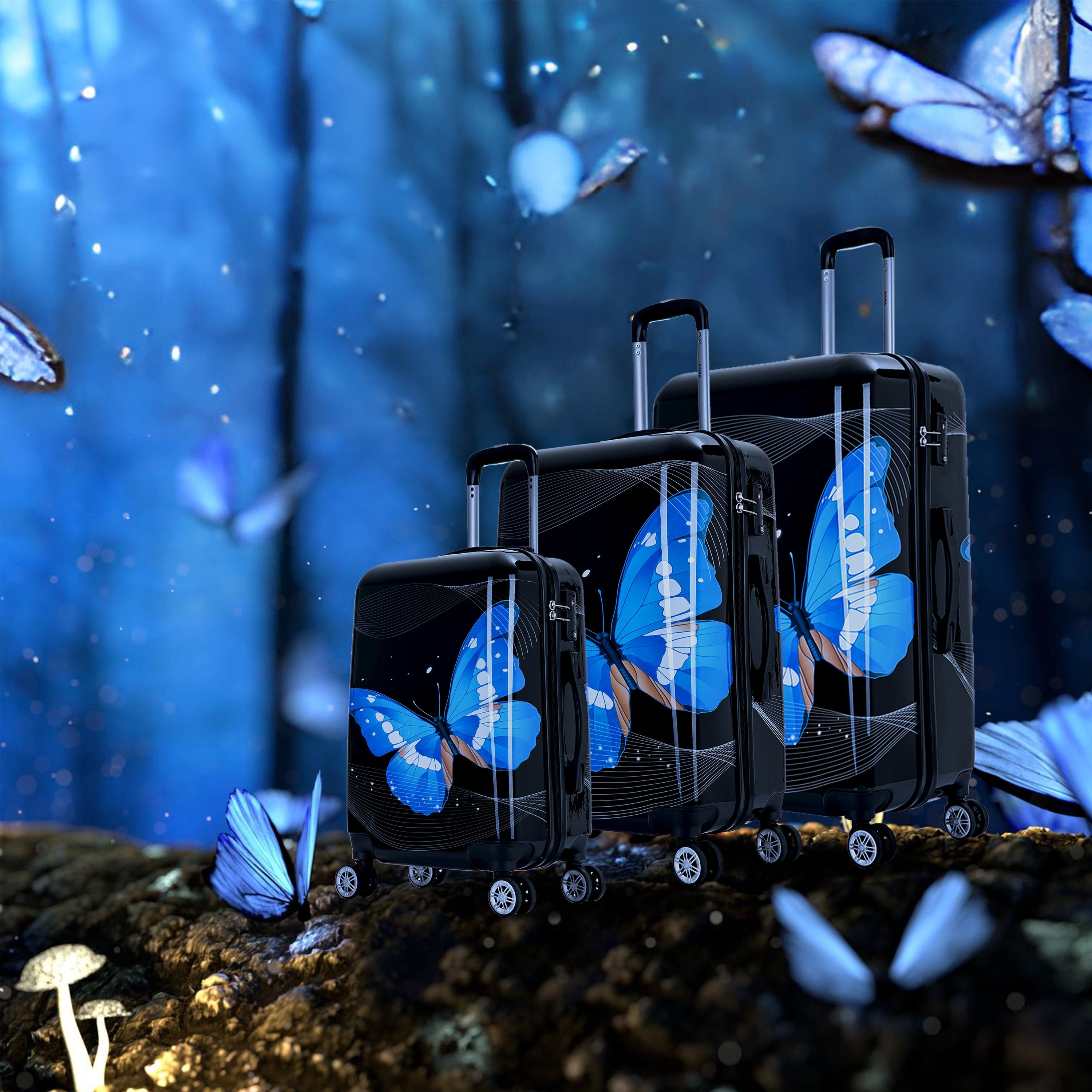 Black suitcases with blue butterfly designs on a mystical forest background