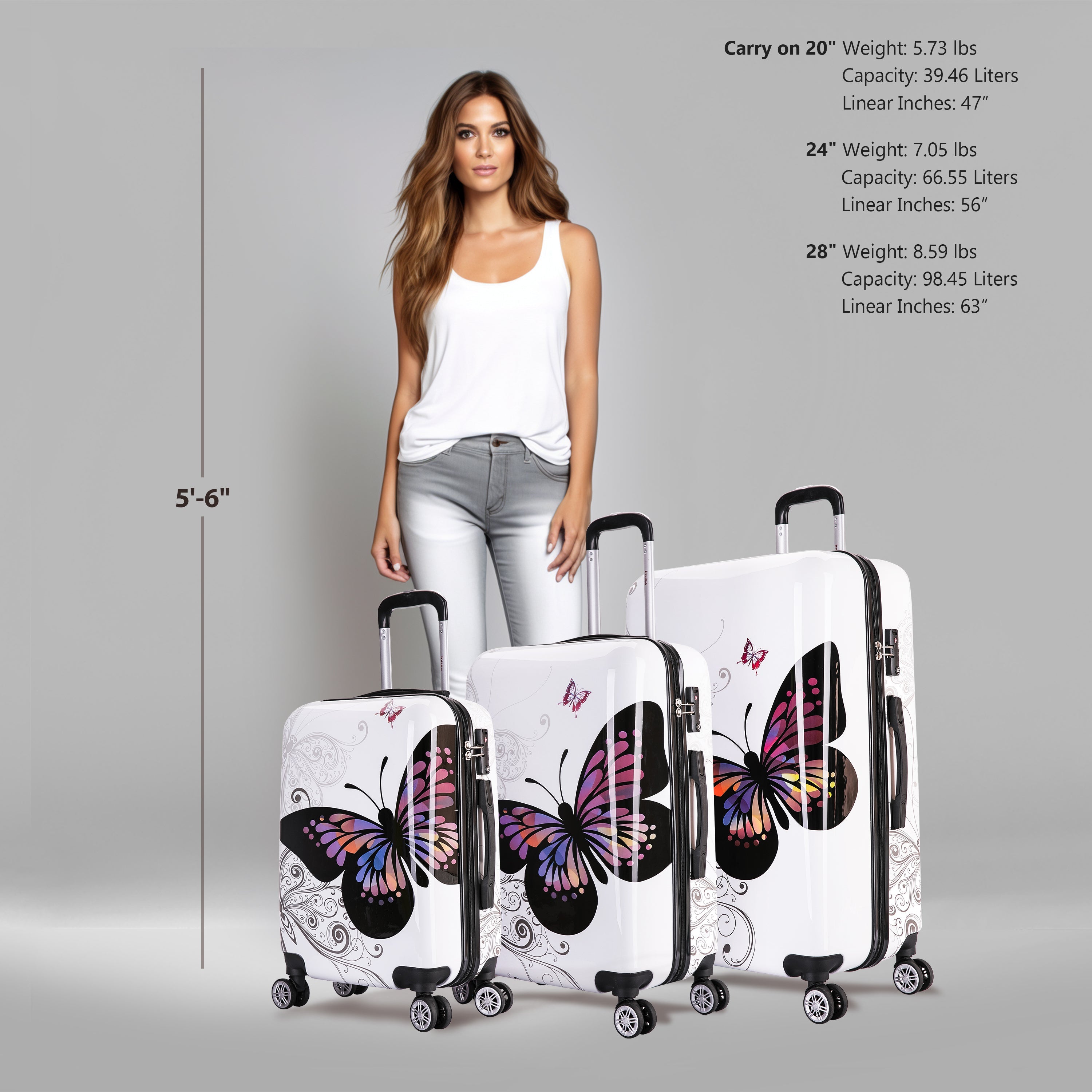 Woman standing next to three butterfly-patterned suitcases with size and weight information on a gray background.