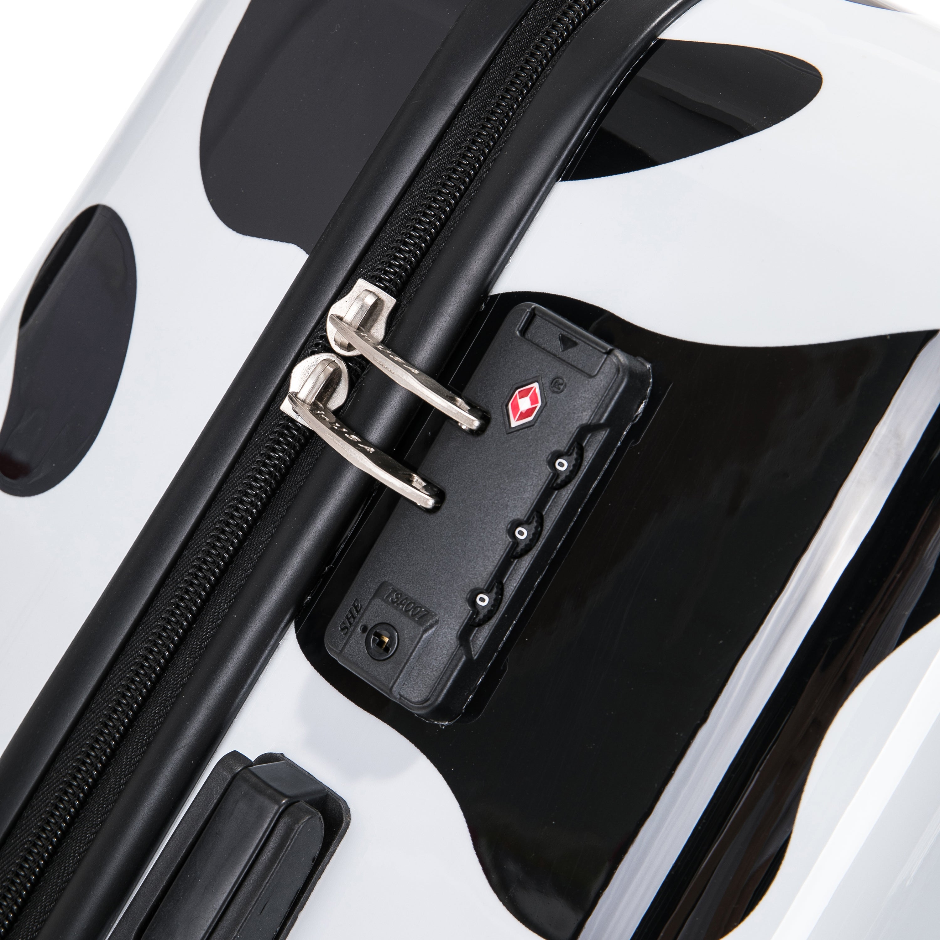Close-up of a black suitcase with a silver handle and lock on a white background