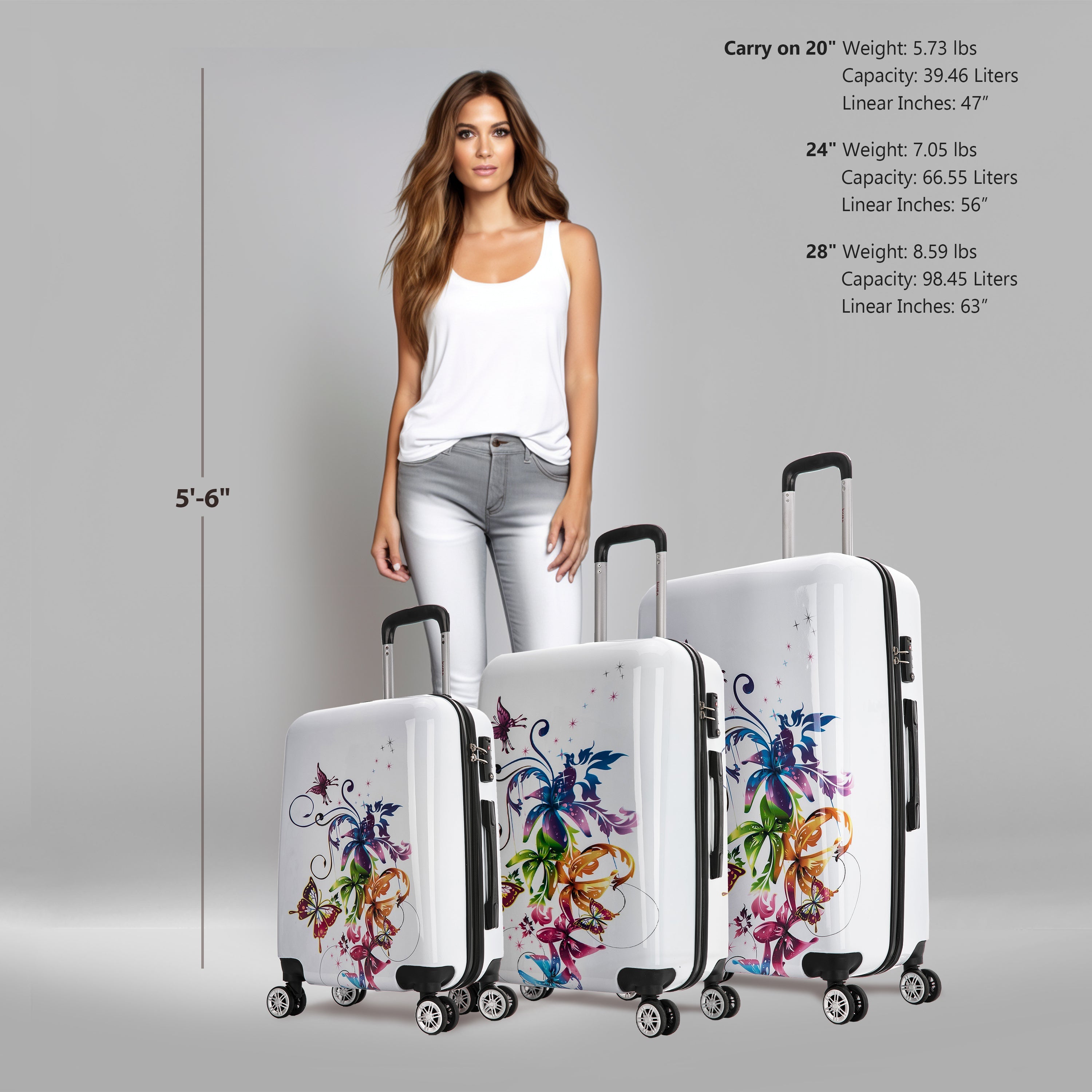 Woman standing next to three floral-patterned suitcases with size and weight information displayed.