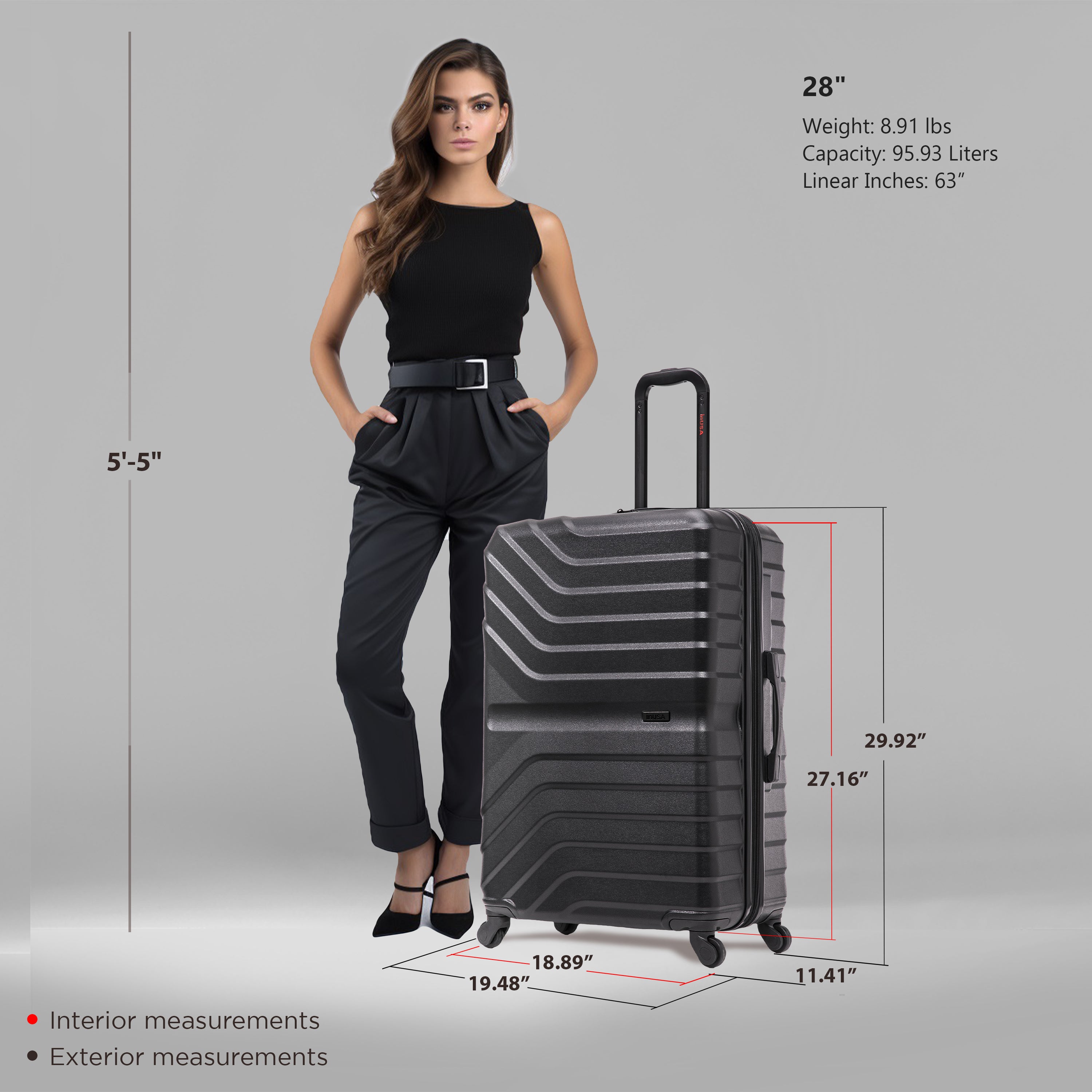 Woman standing next to a black suitcase with measurements displayed
