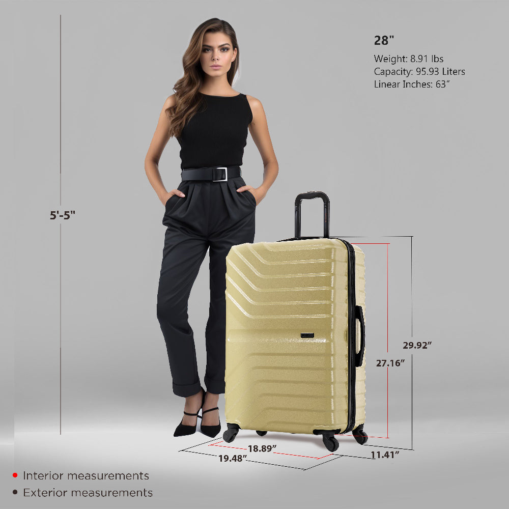 Woman standing next to a beige suitcase with measurements displayed