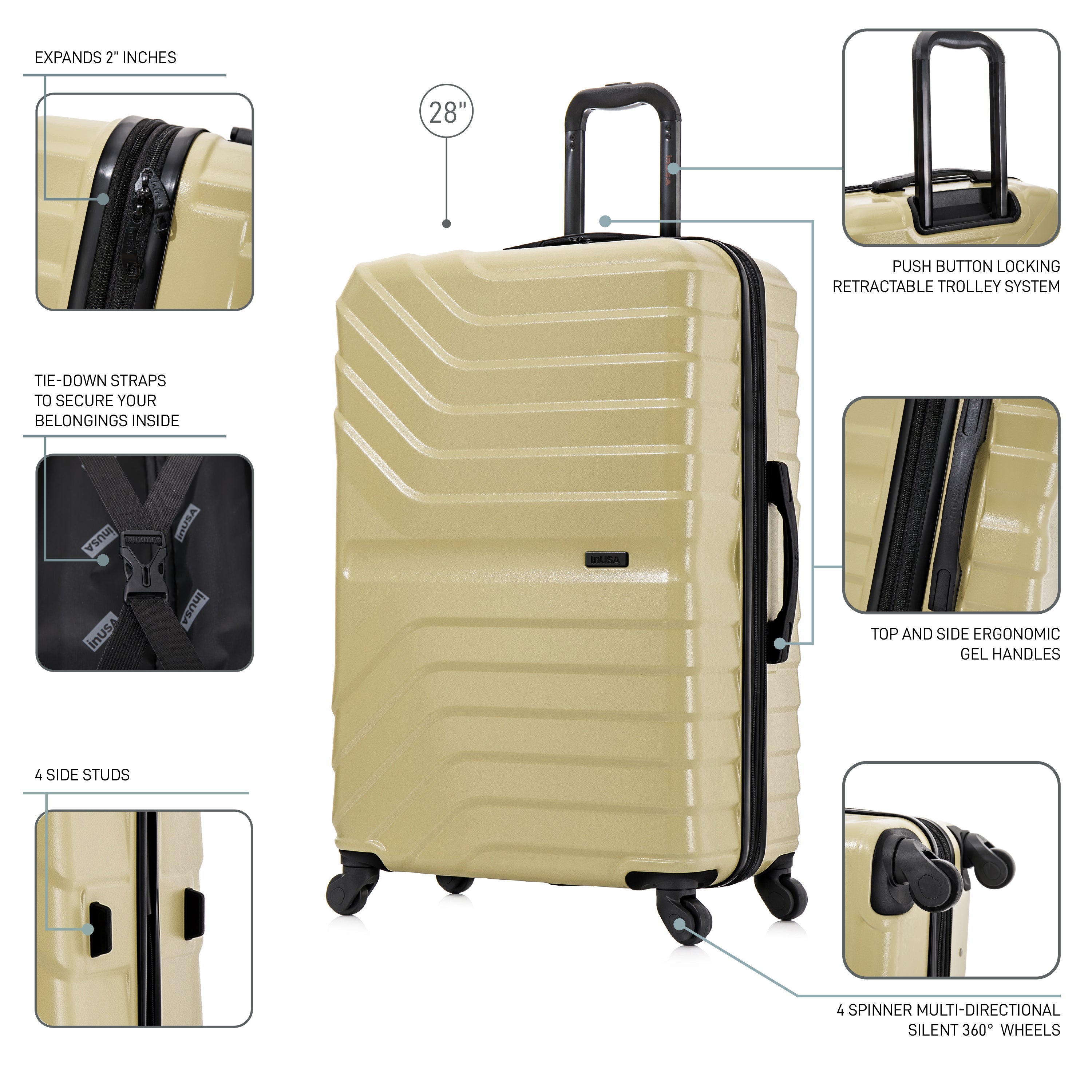 Beige suitcase with multiple features highlighted on a white background