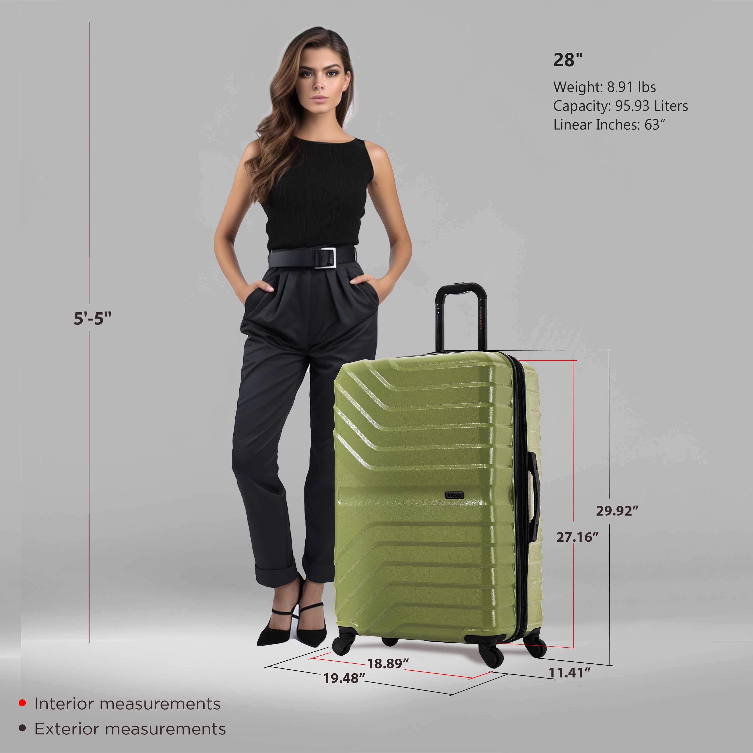 Woman standing next to a green suitcase with measurements displayed