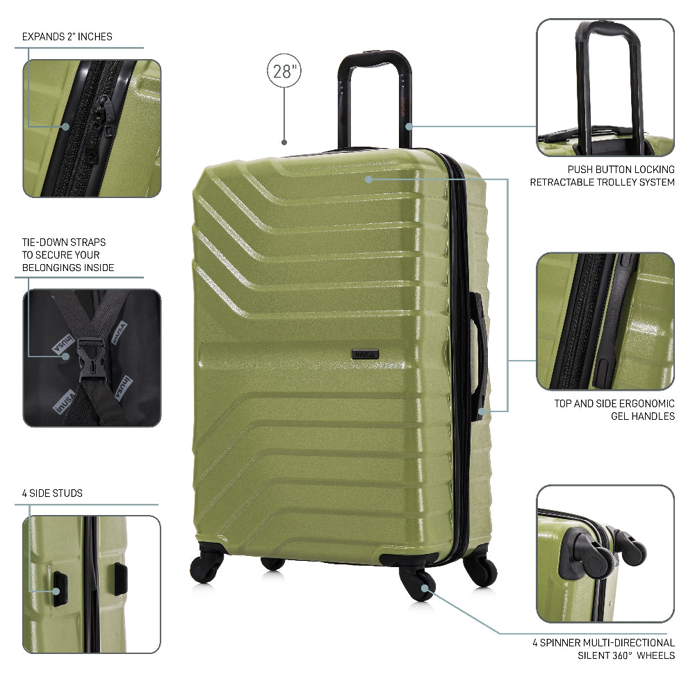 Green suitcase with features highlighted on a white background