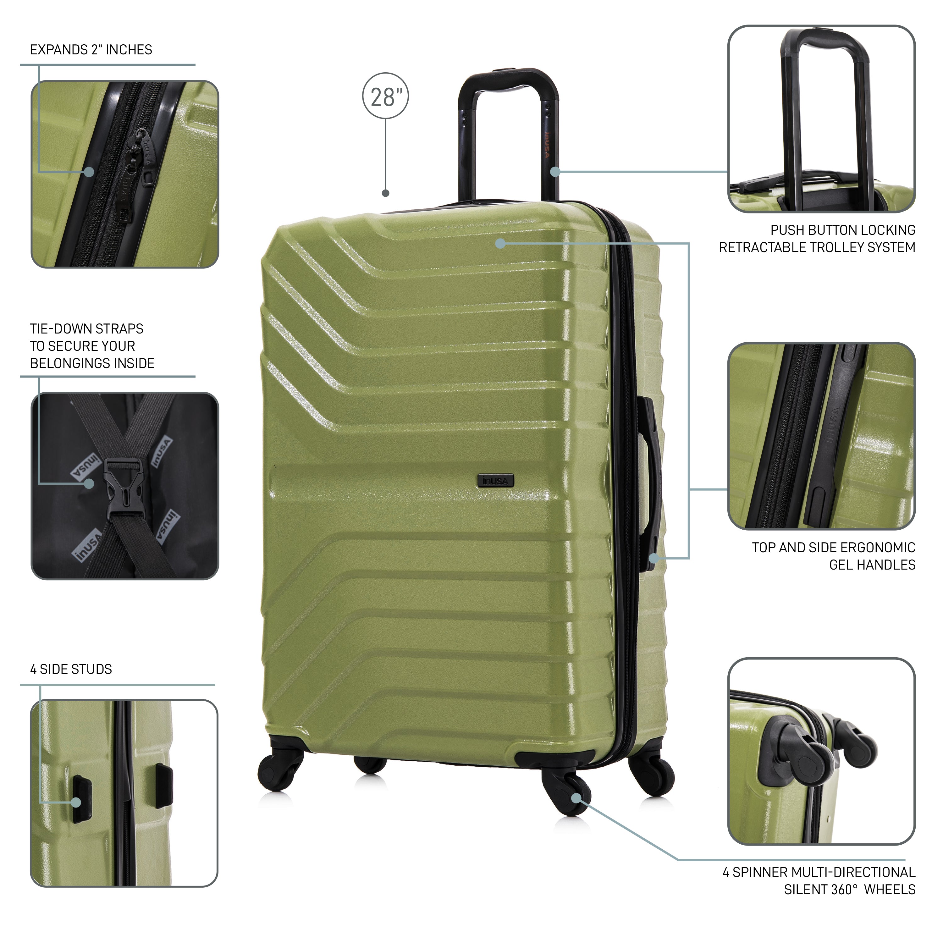 Green suitcase with features highlighted on a white background