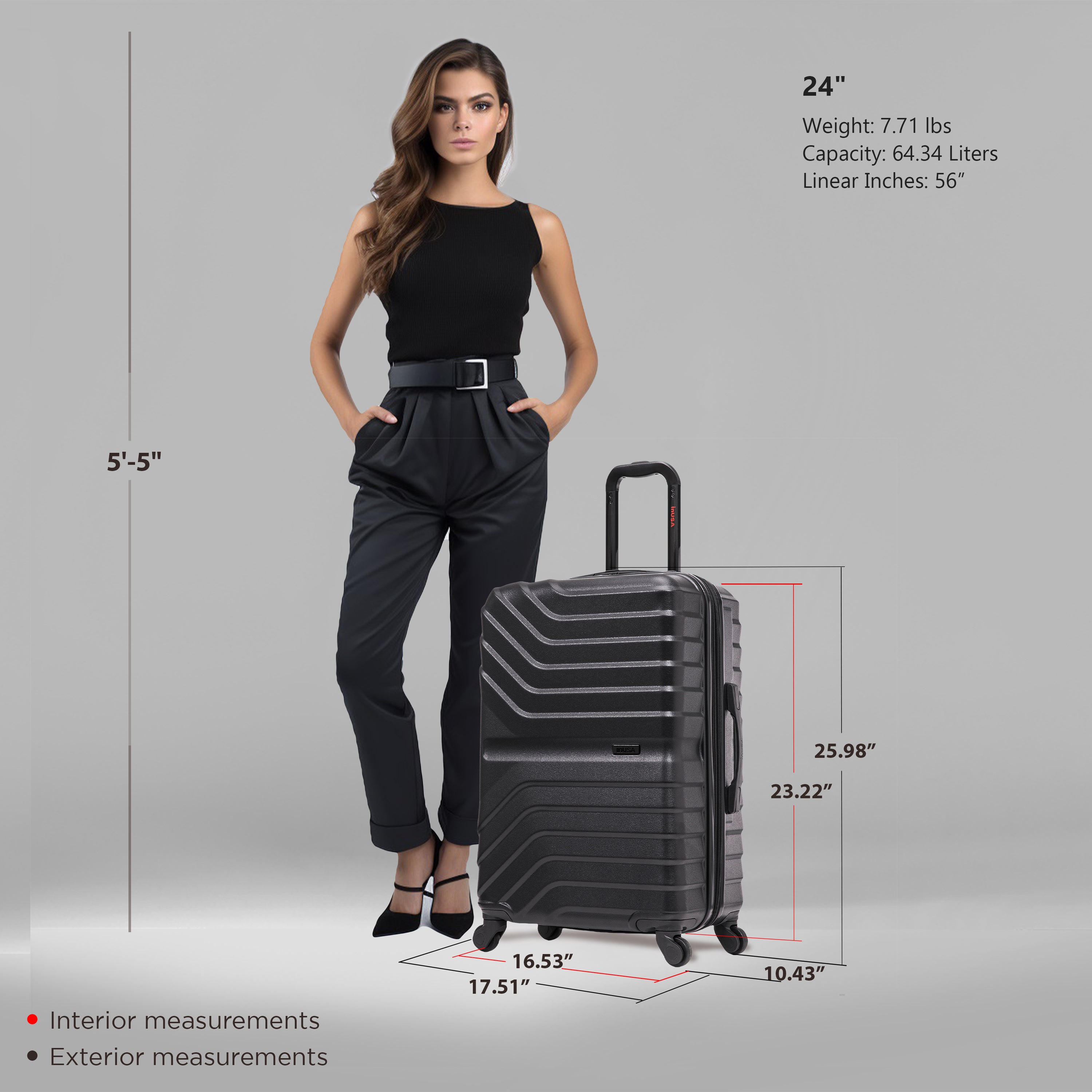 Woman standing next to a black suitcase with measurements displayed