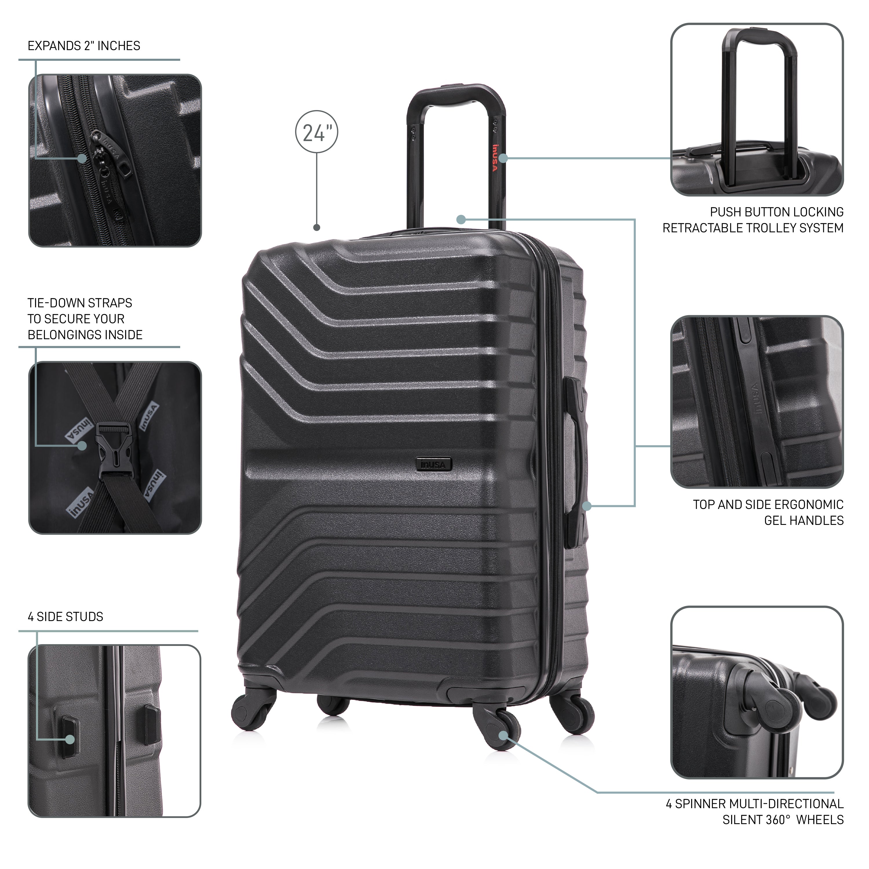 Black suitcase with features highlighted on a white background