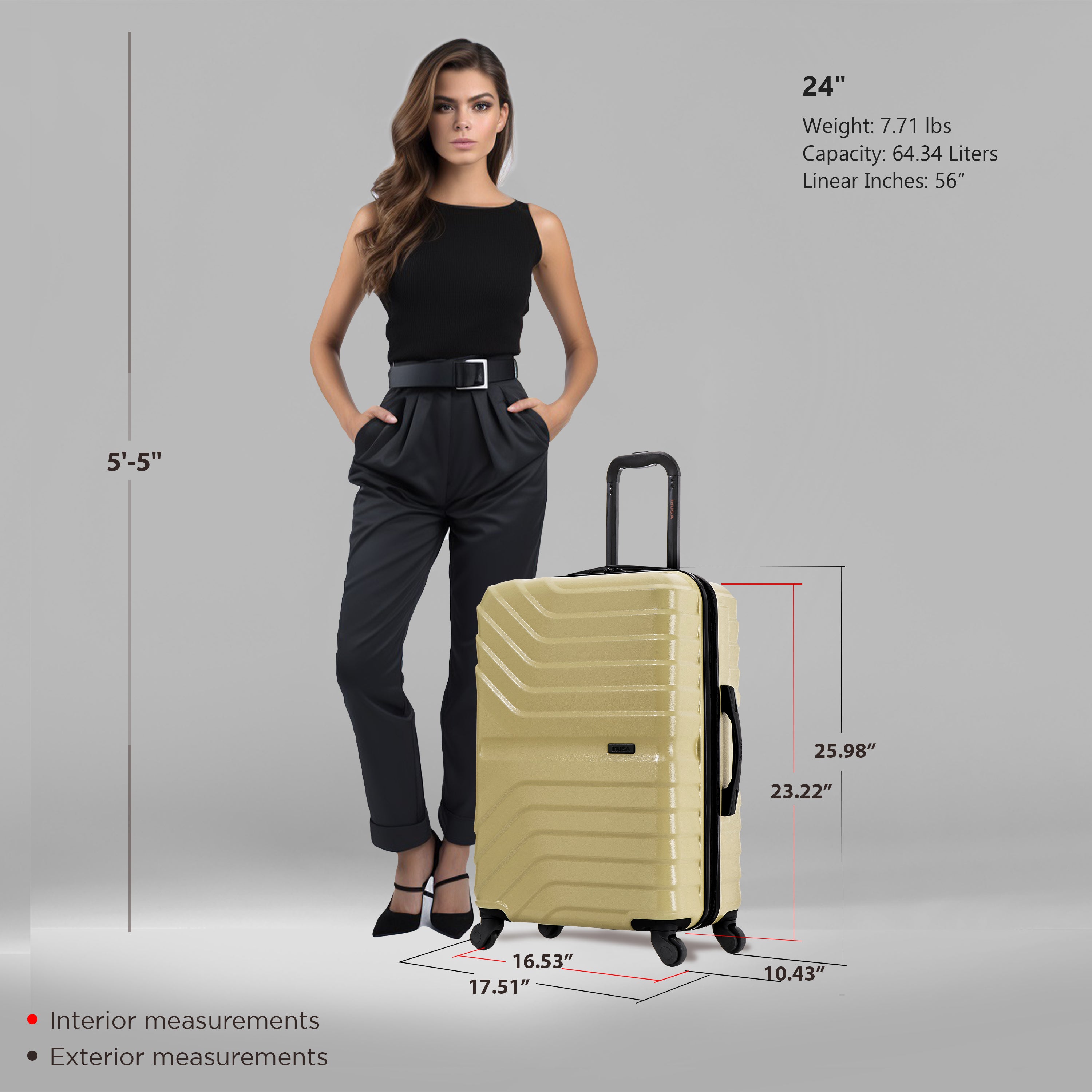 Woman standing next to a beige suitcase with measurements displayed