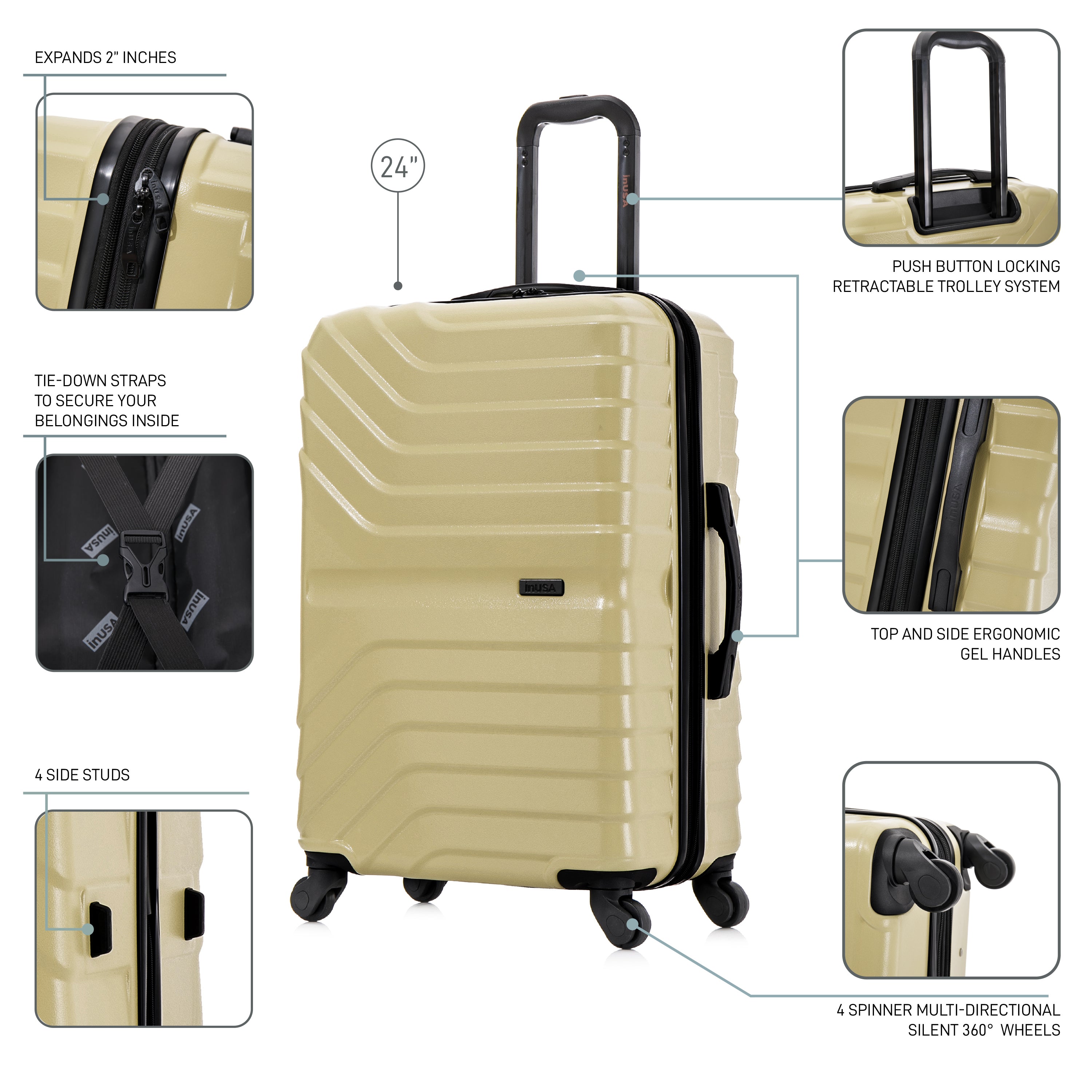 Beige suitcase with features highlighted on a white background