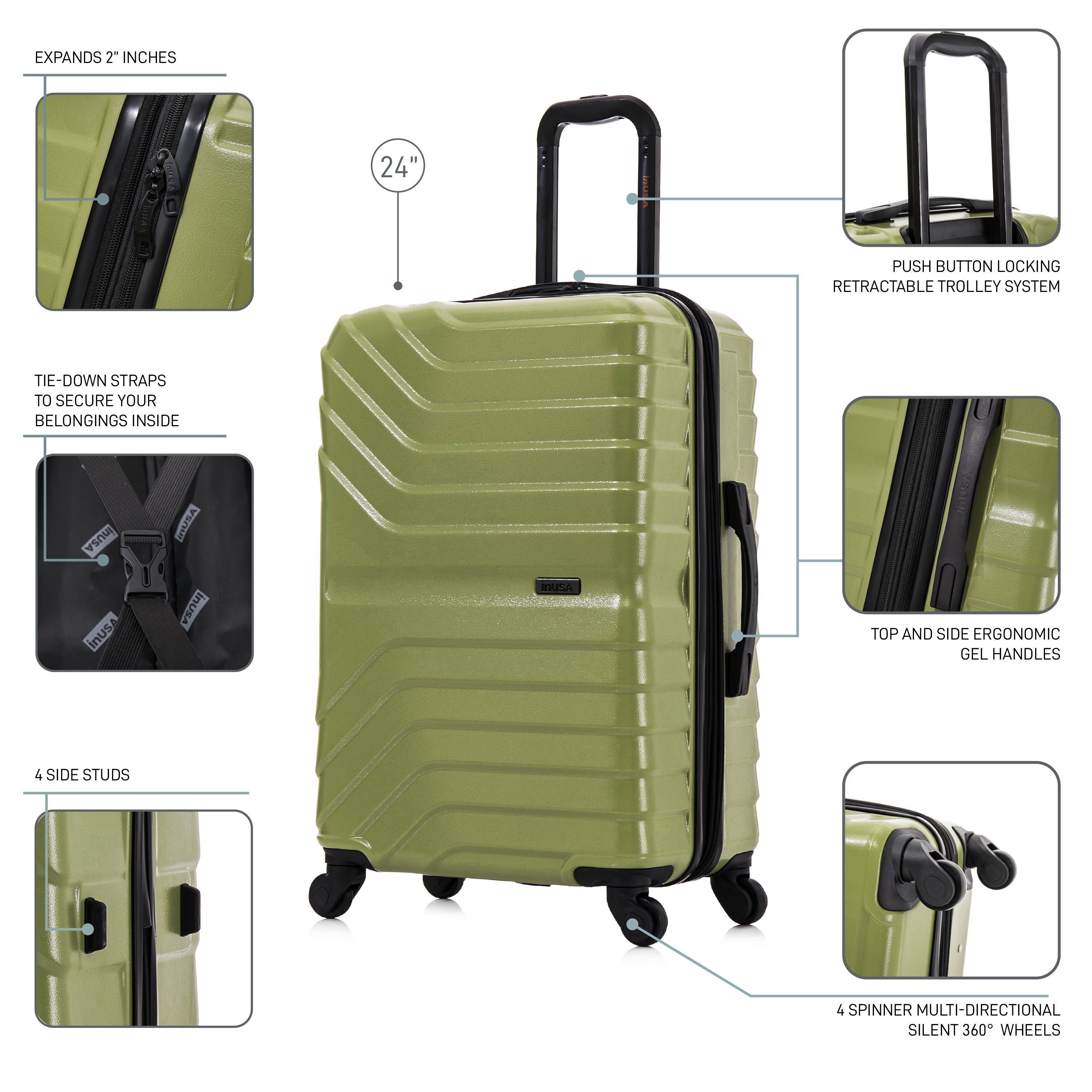 Green suitcase with features highlighted on a white background