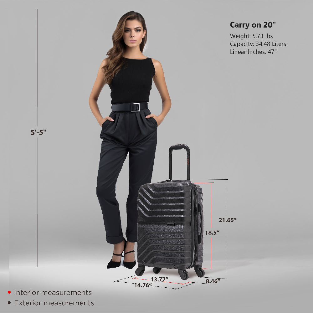 Woman standing next to a black suitcase with measurements displayed