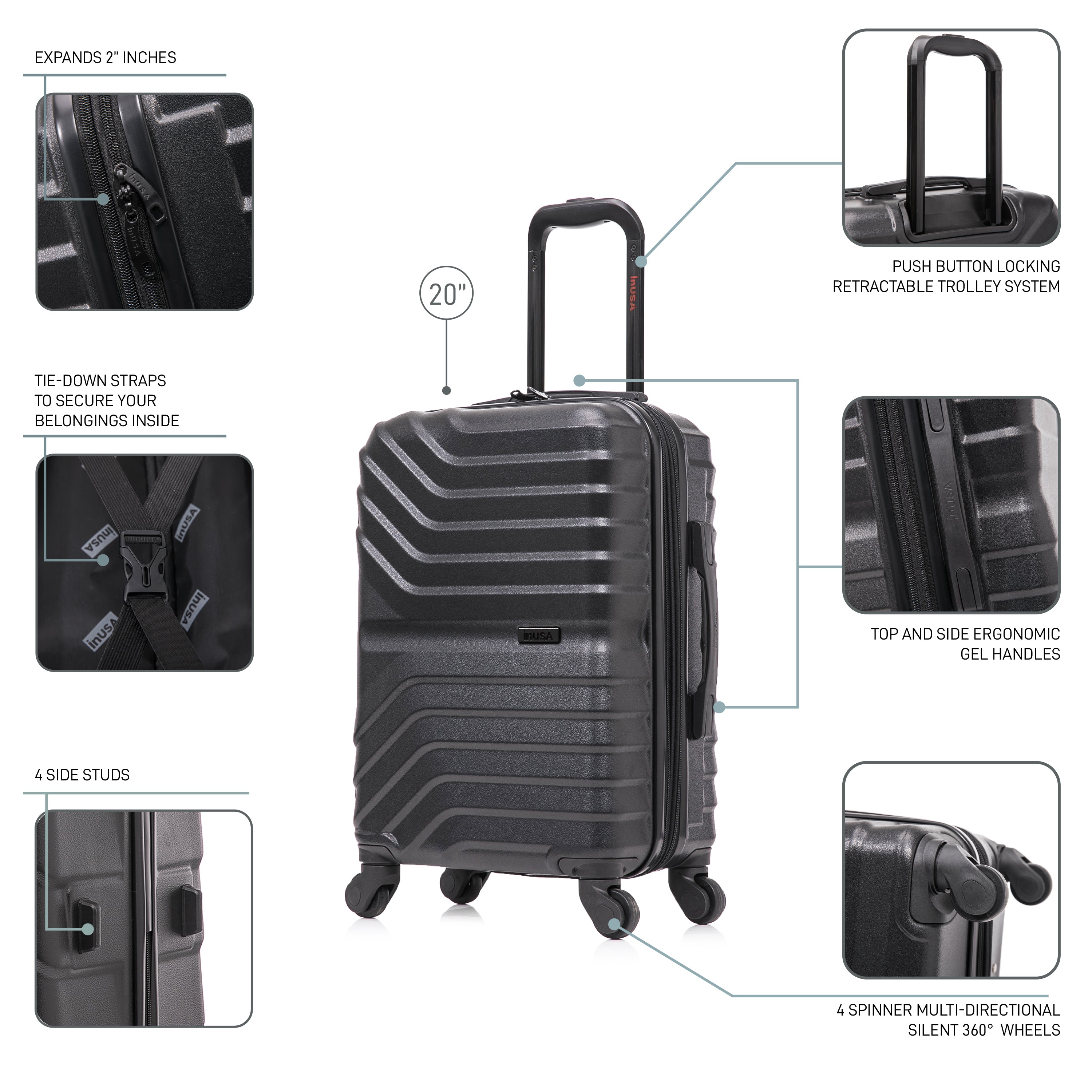 Black suitcase with features highlighted on a white background