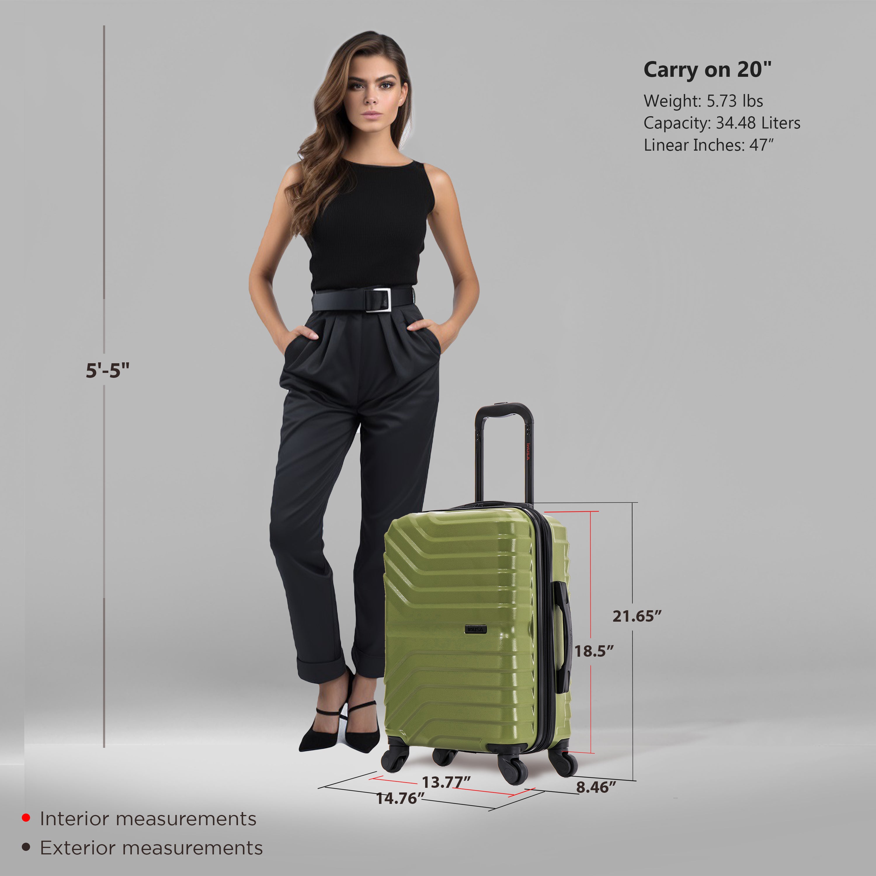 Woman standing next to a green suitcase with measurements displayed