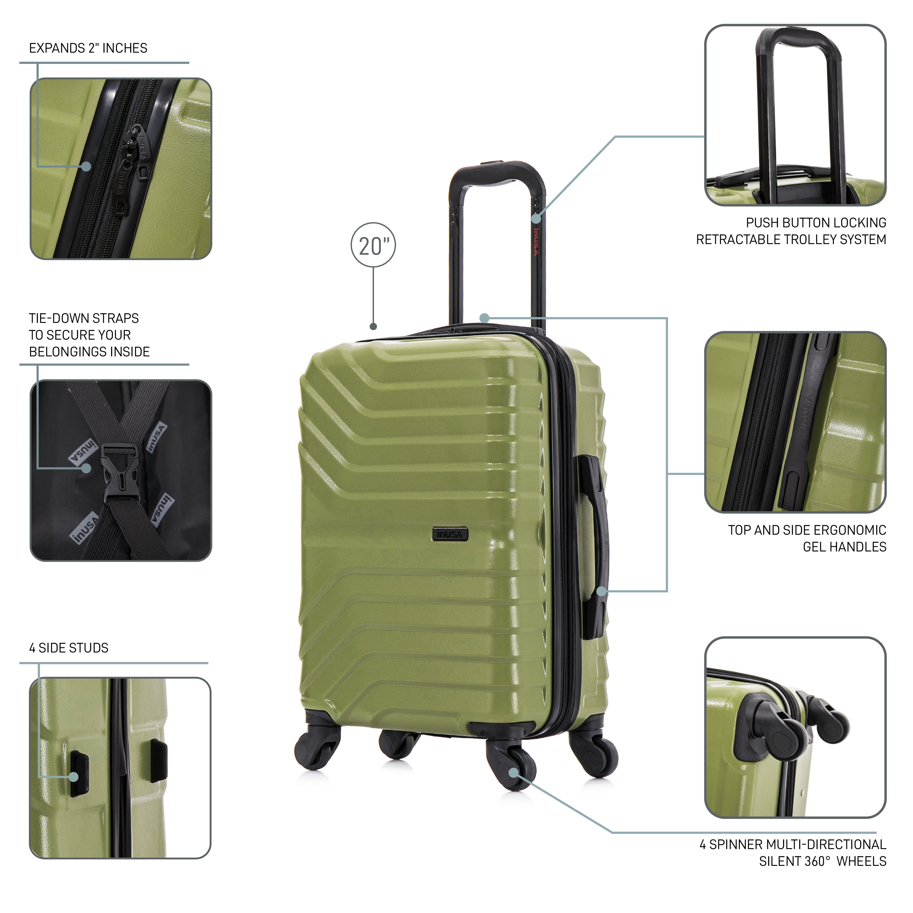Green suitcase with features highlighted on a white background
