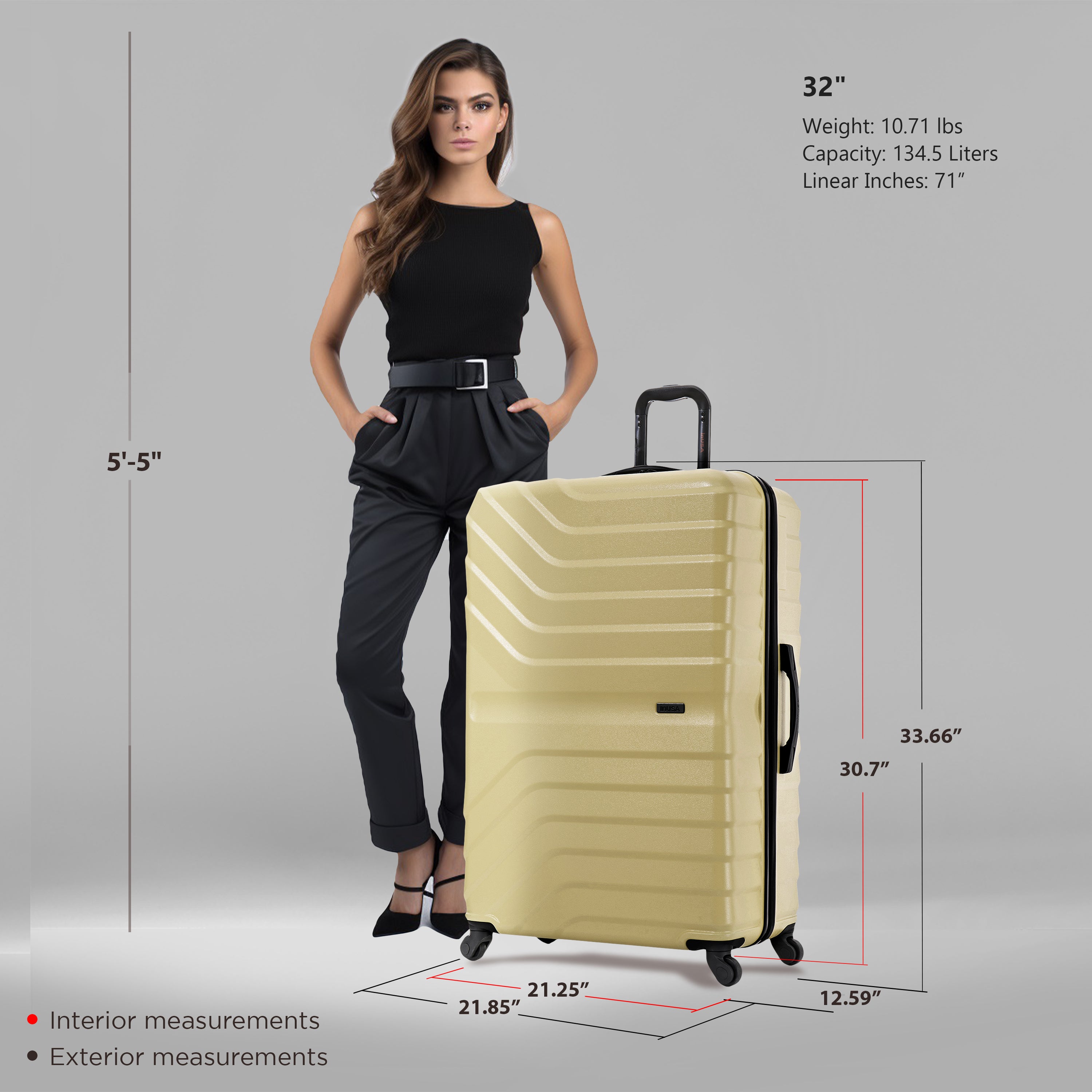 Woman standing next to a beige suitcase with measurements displayed