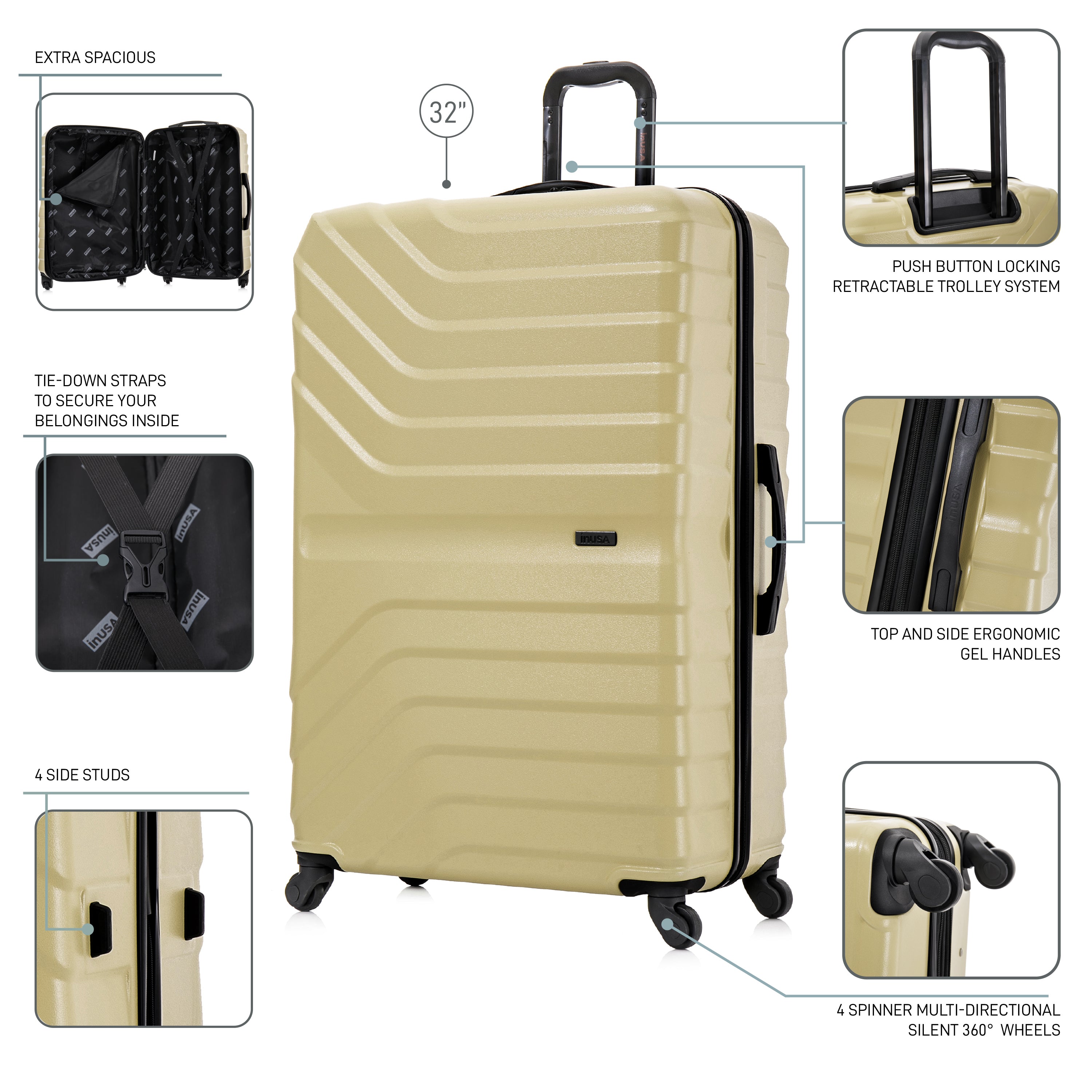 Beige suitcase with features highlighted on a white background