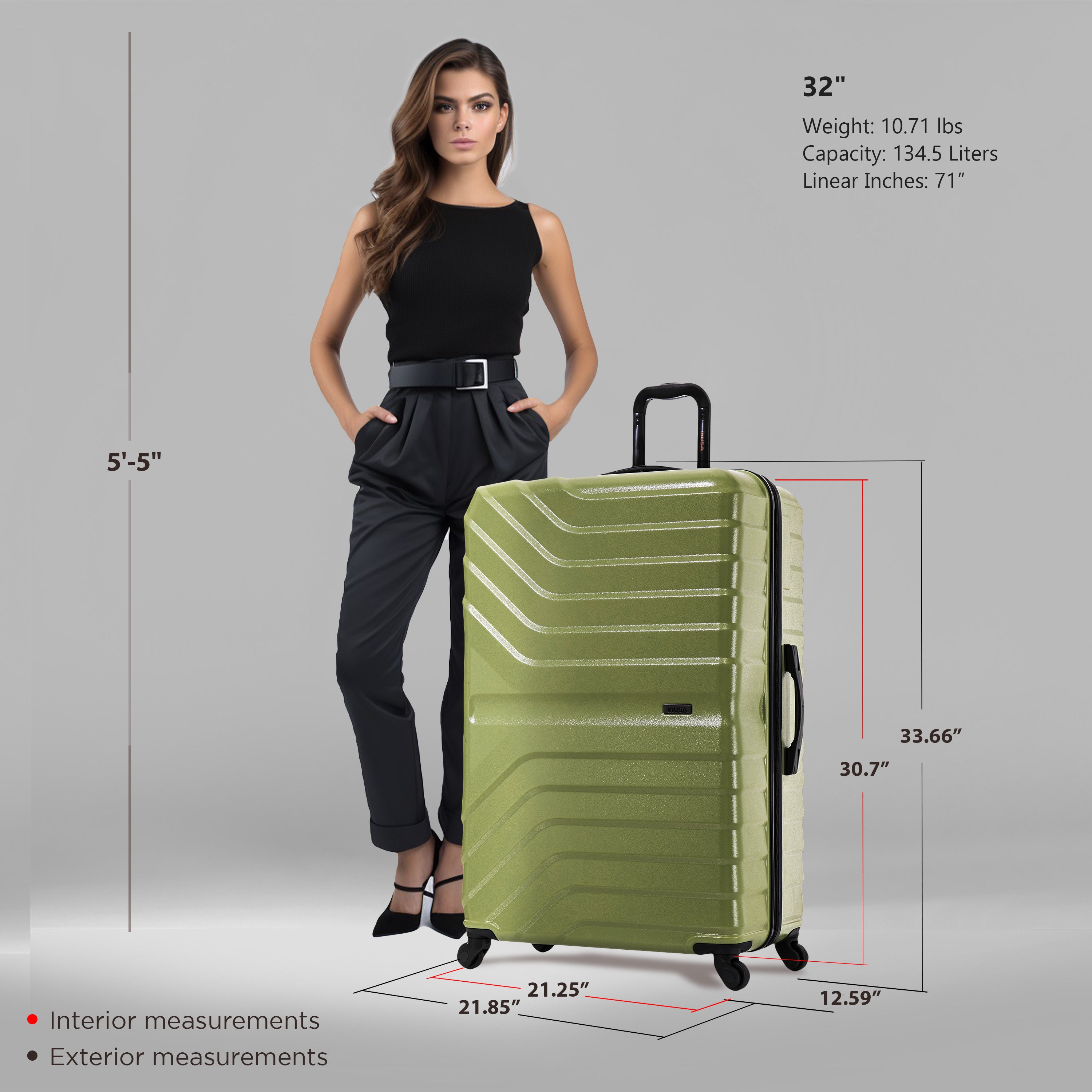 Woman standing next to a green suitcase with measurements displayed