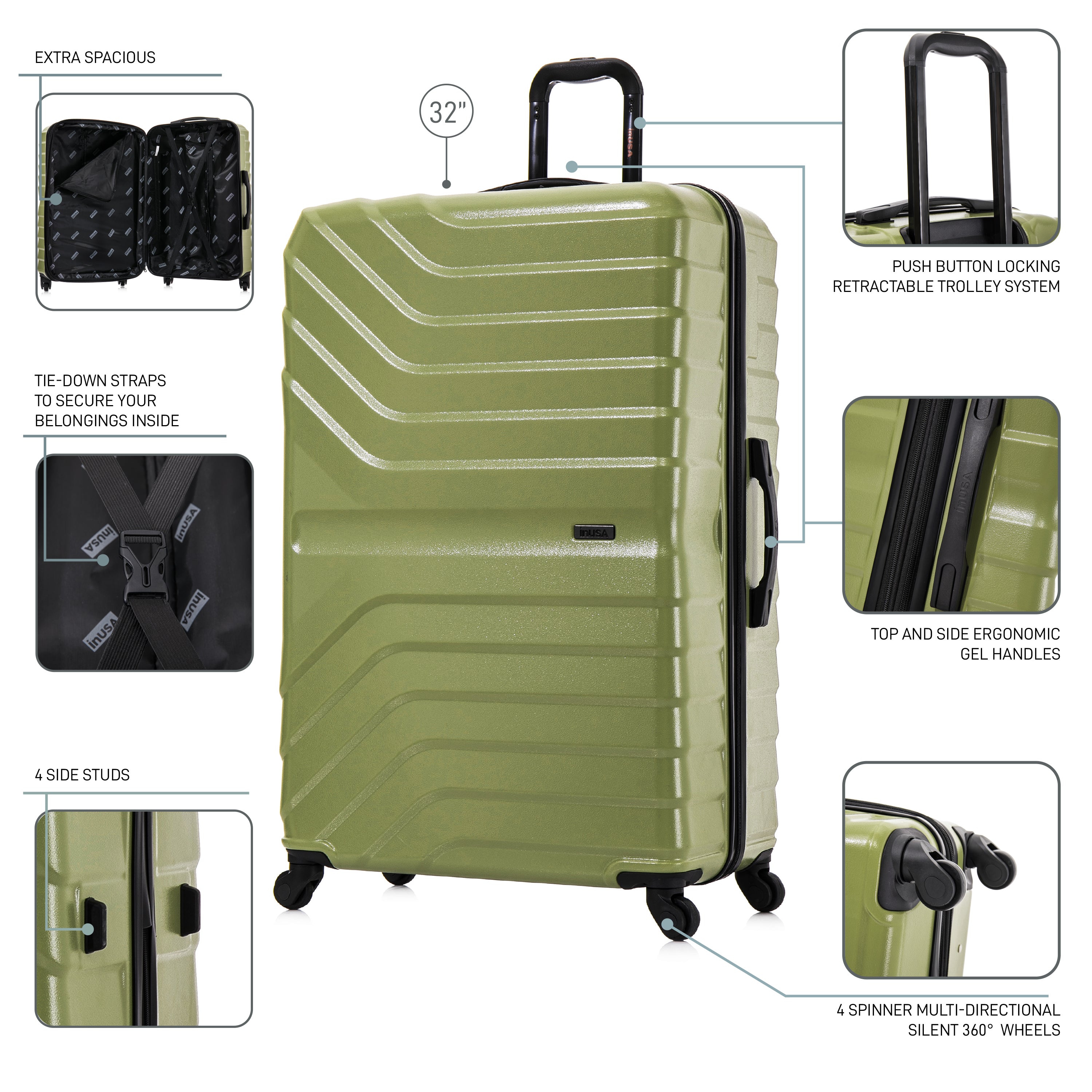 Green suitcase with features highlighted on a white background