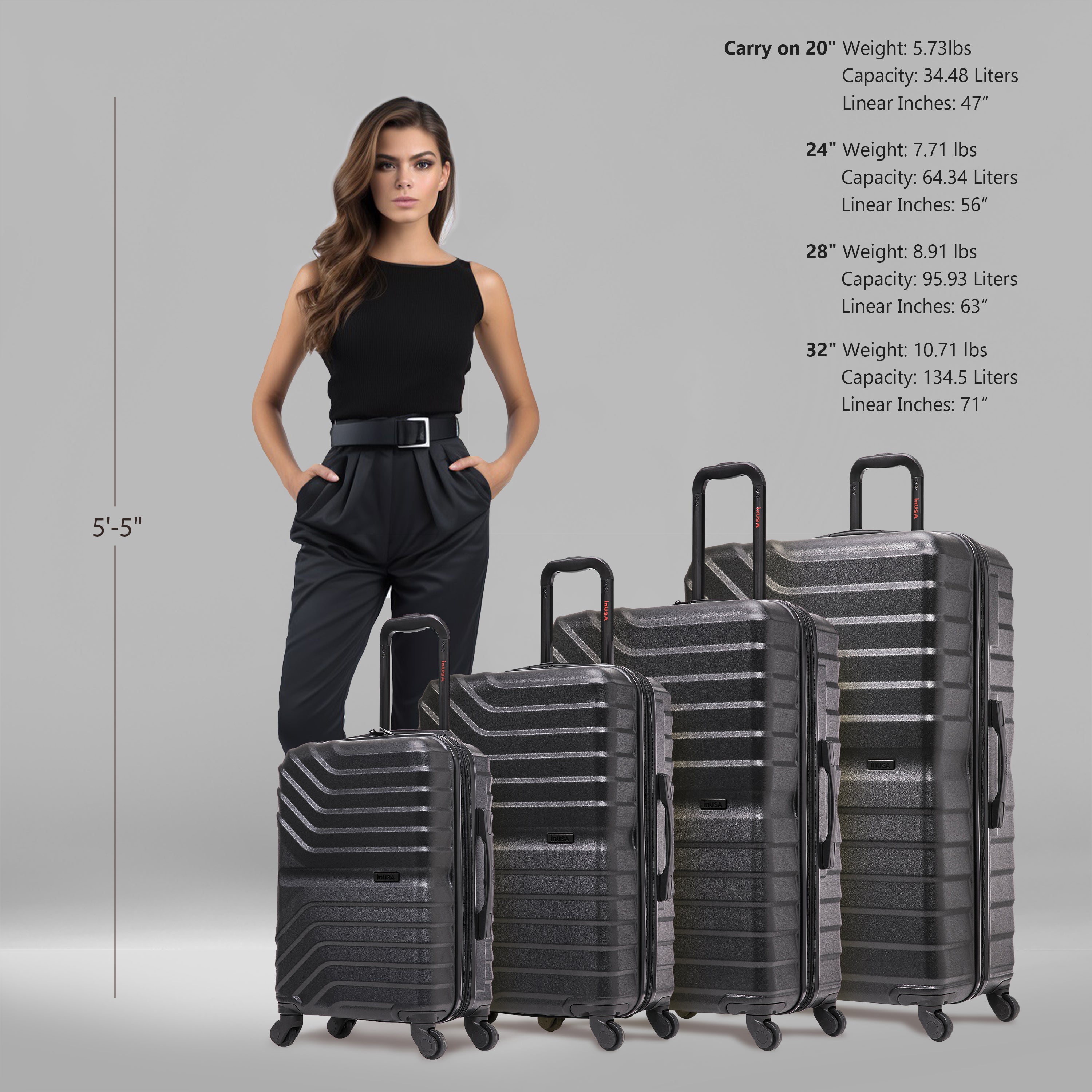 Woman standing next to a set of black suitcases with dimensions and weight information displayed.