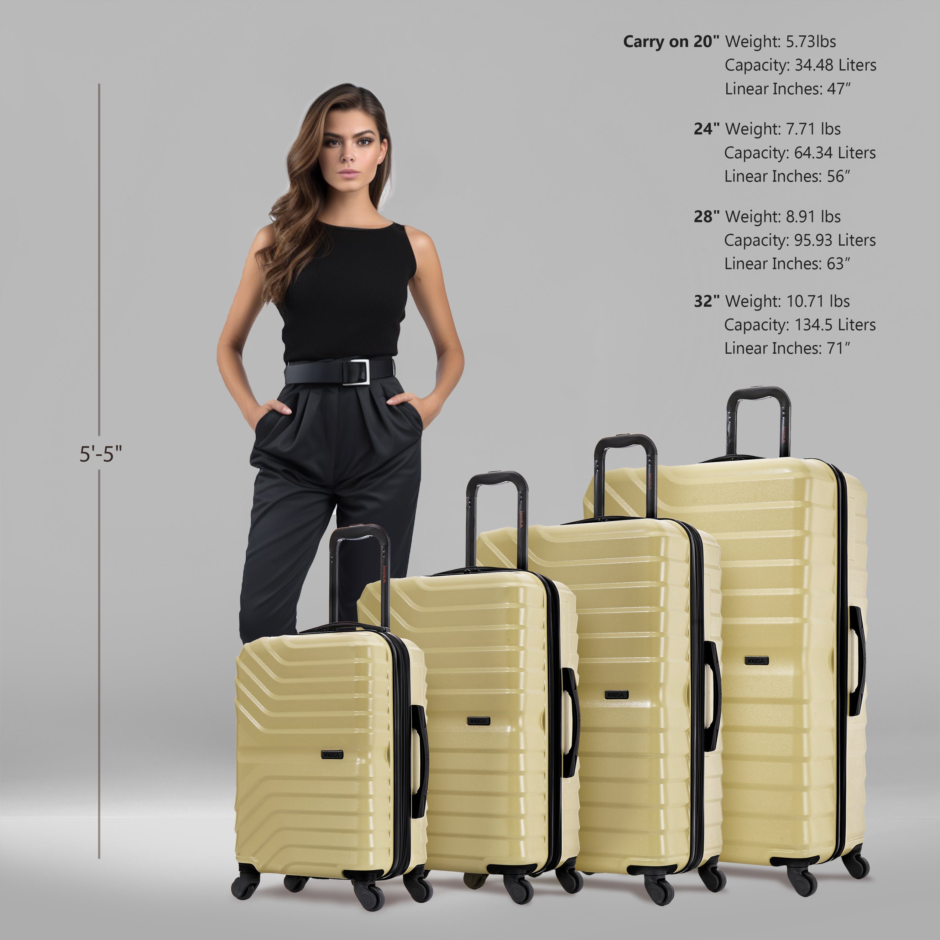 Woman standing next to a lineup of beige suitcases with specifications on a gray background