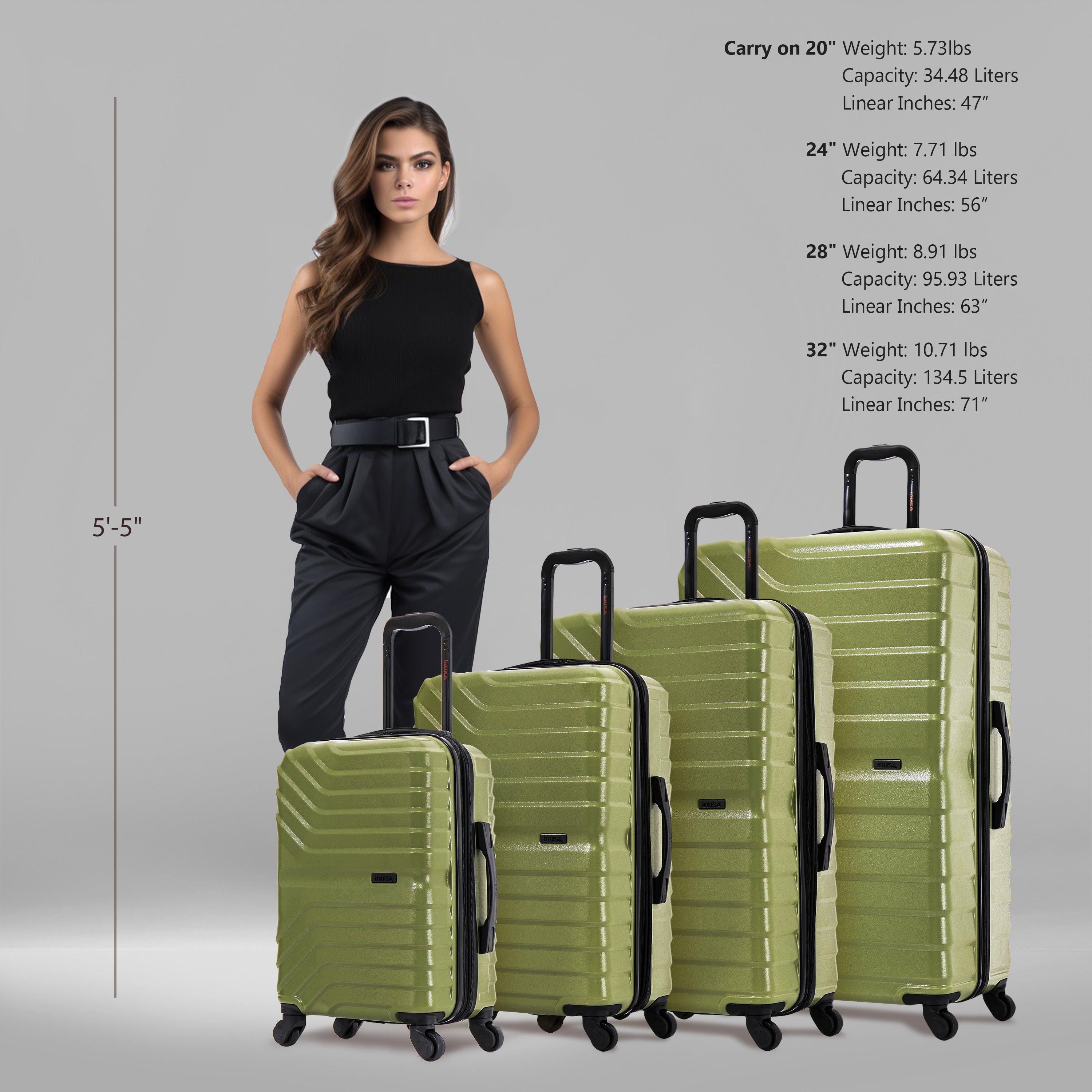 Woman standing next to a set of green suitcases with dimensions and weight information displayed.