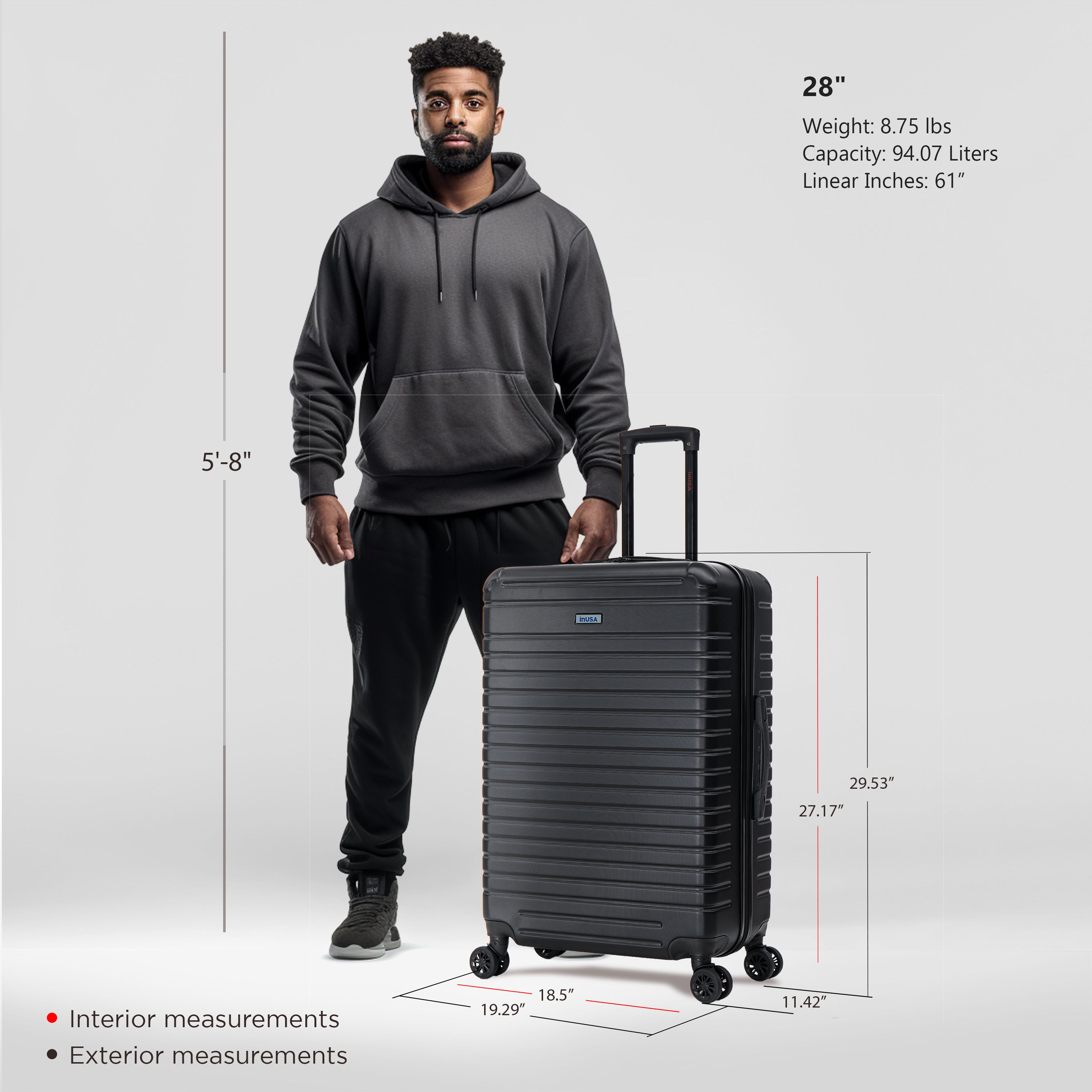 Man holding a black suitcase with measurements displayed on a gray background
