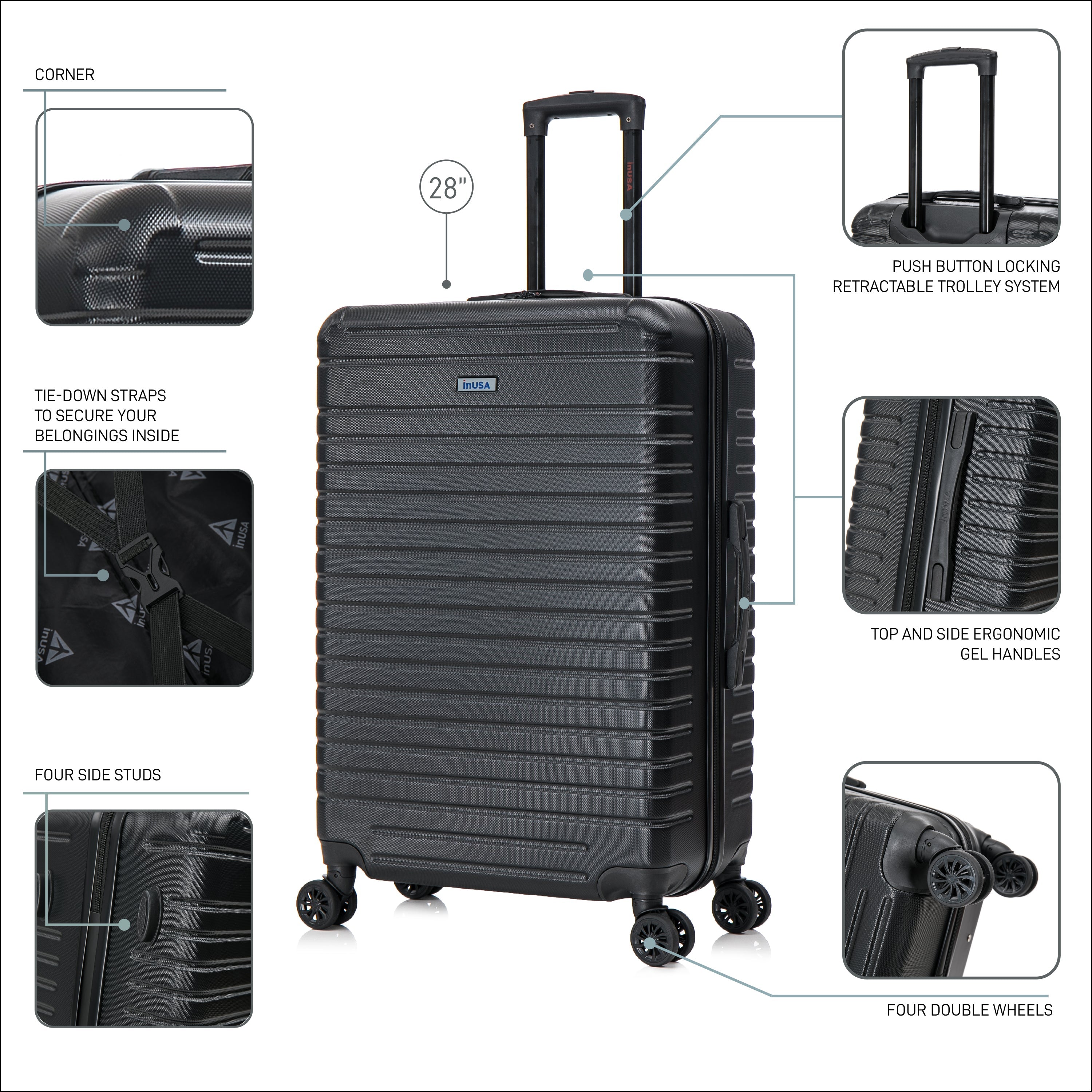 Black suitcase with features highlighted on a white background